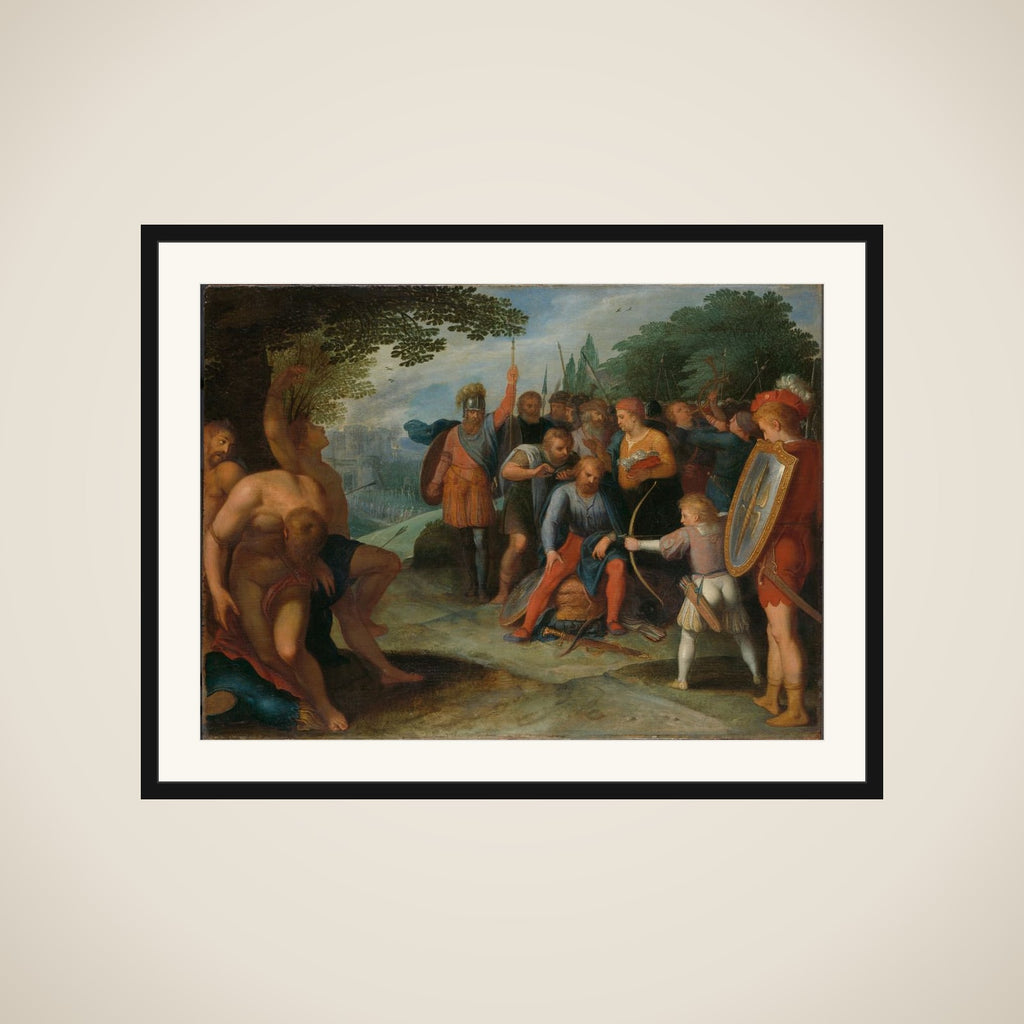 "After the Fall of Vetera Castra Claudius Civilis has his hair cut while his son shoots some prisoners framed