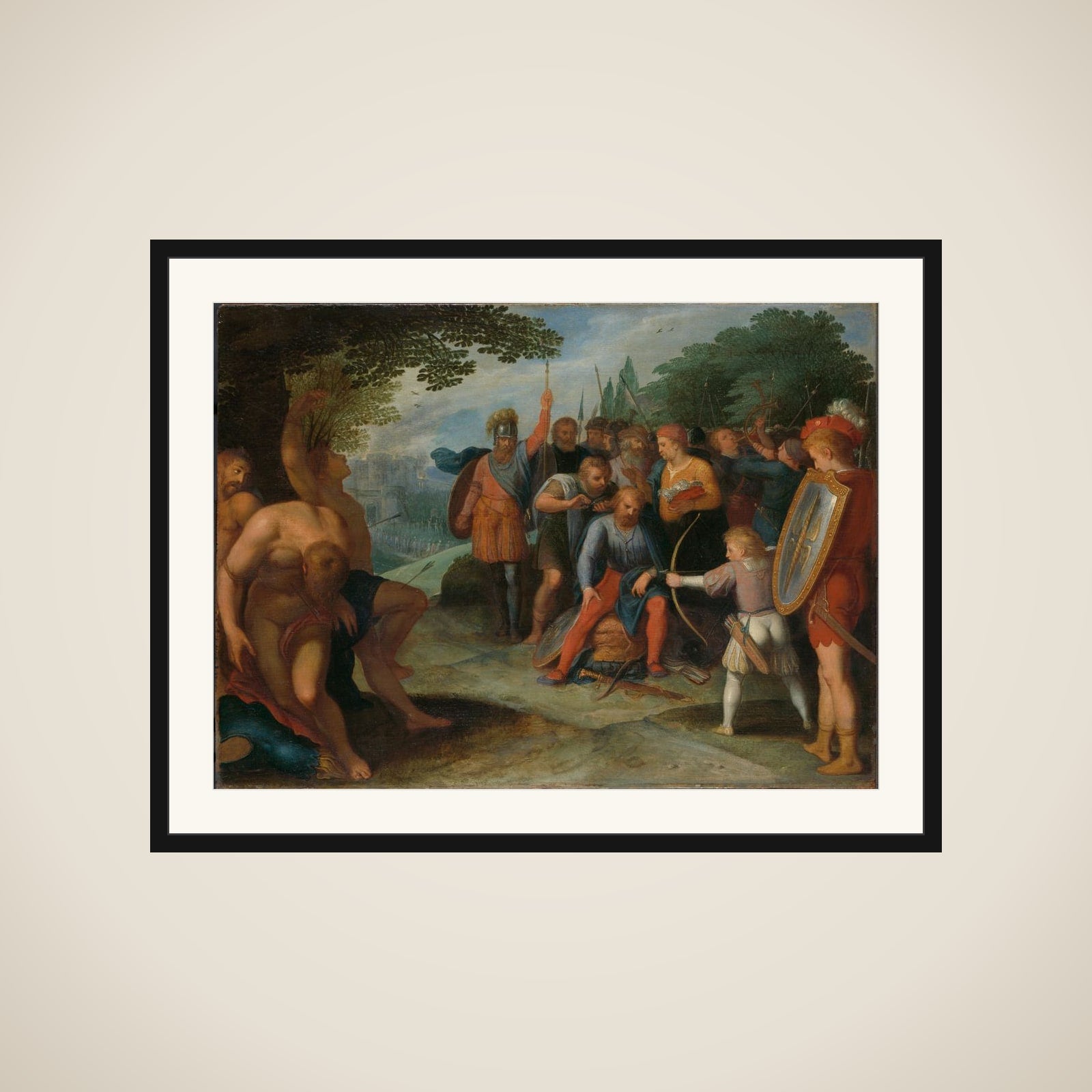 "After the Fall of Vetera Castra Claudius Civilis has his hair cut while his son shoots some prisoners framed