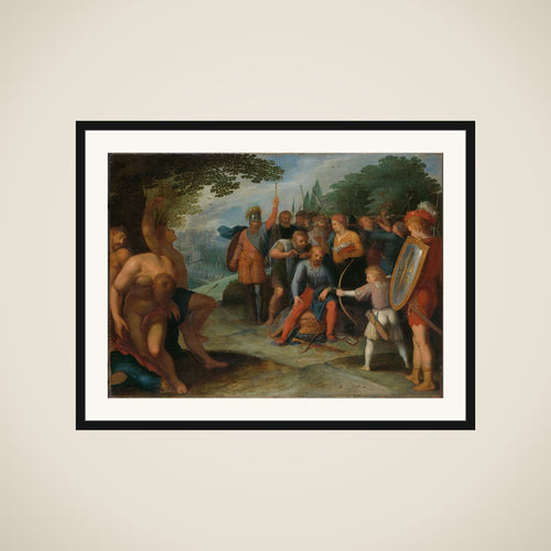 "After the Fall of Vetera Castra Claudius Civilis has his hair cut while his son shoots some prisoners framed