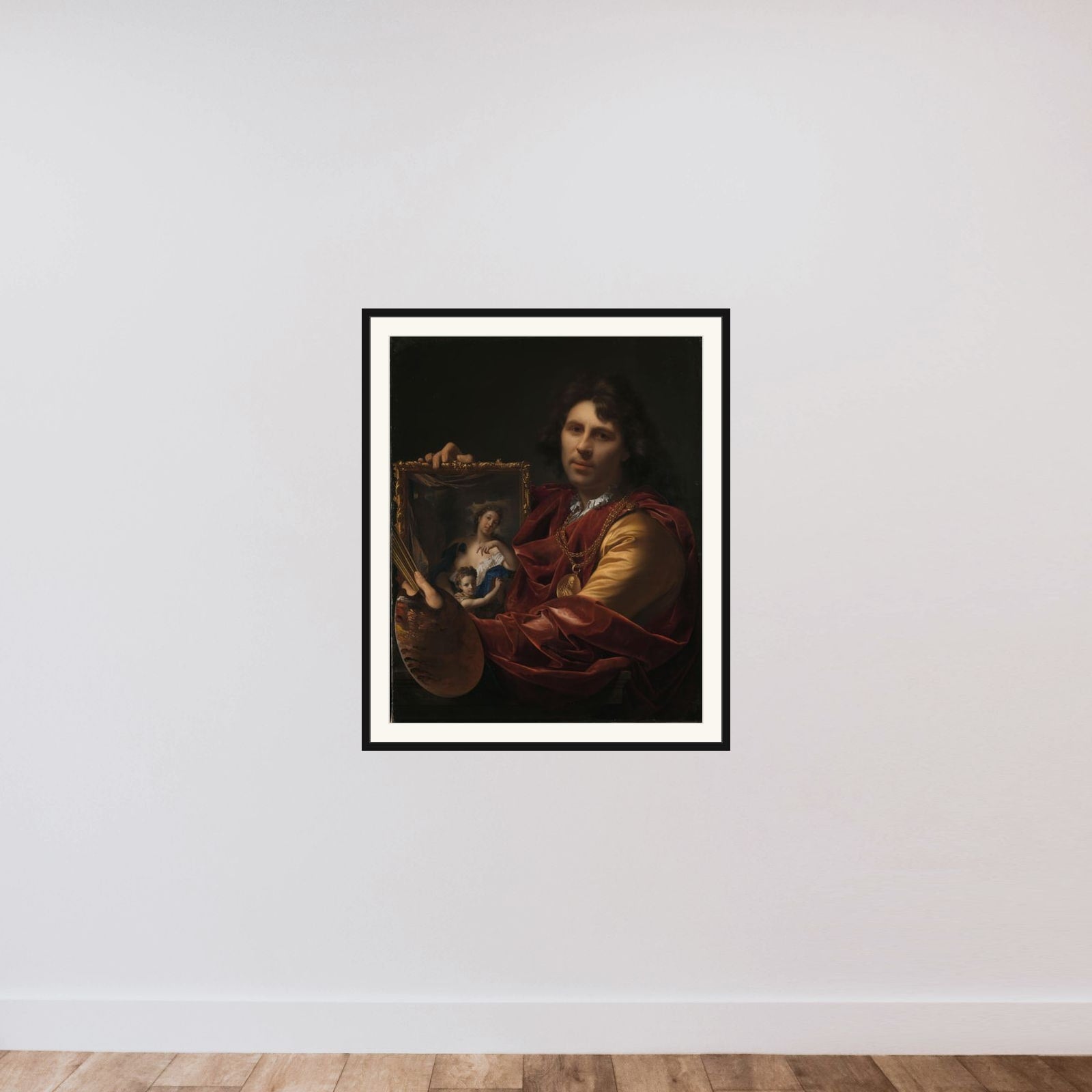 Self-portrait with the Portrait of his Wife, Margaretha van Rees, and their Daughter Maria framed — shown to scale