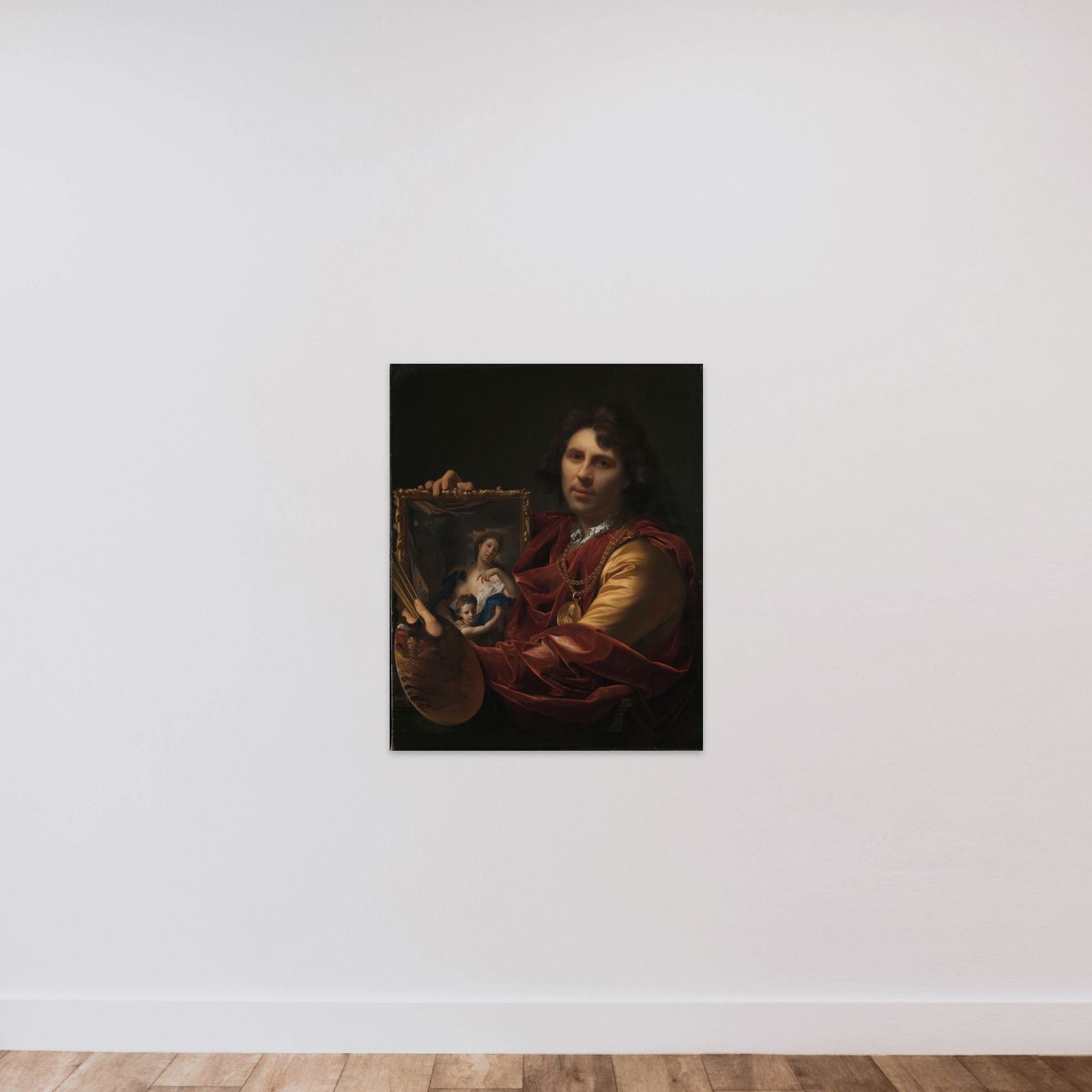 Self-portrait with the Portrait of his Wife, Margaretha van Rees, and their Daughter Maria unframed — shown to scale
