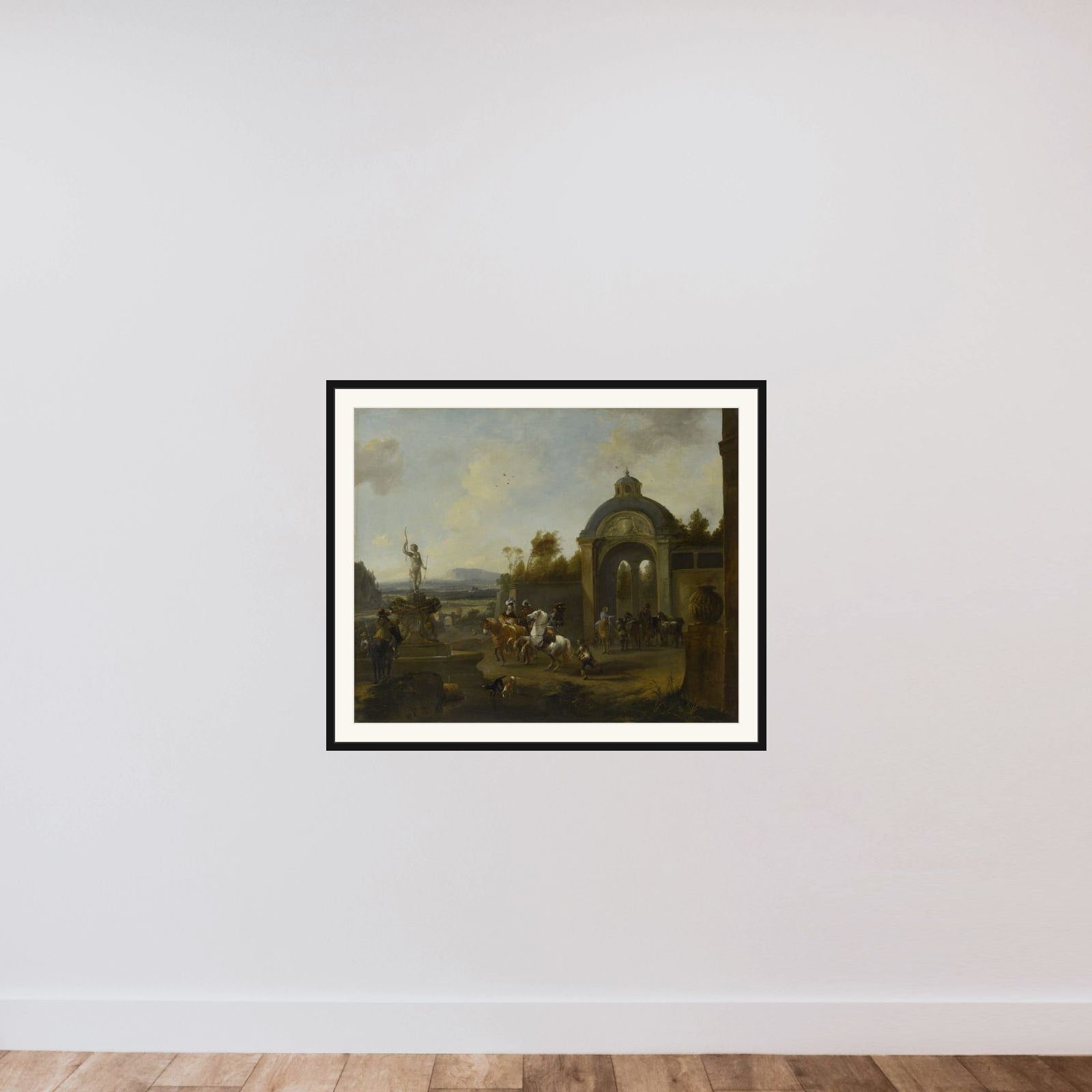Hunting Party at a Fountain framed — shown to scale