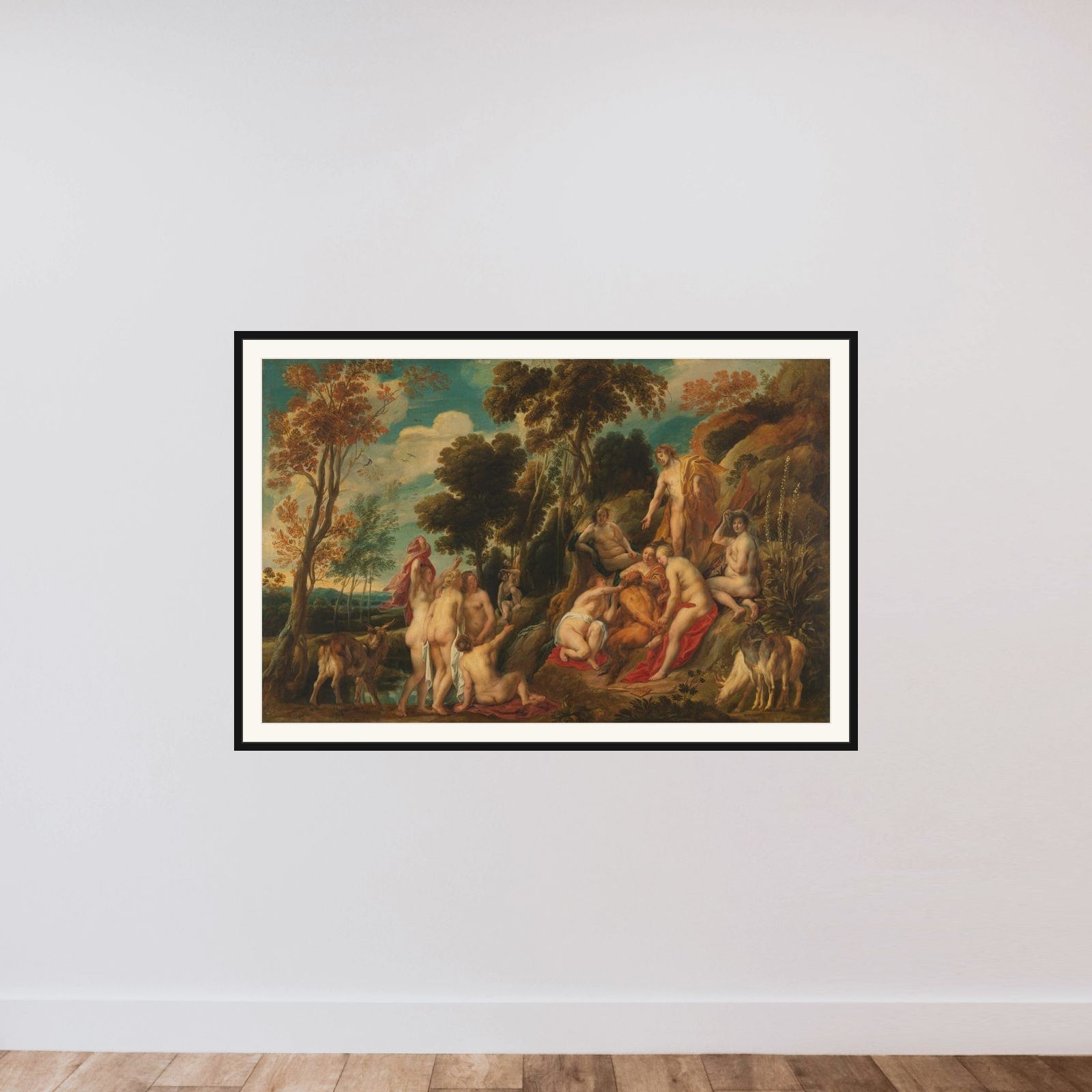 Pan Punished by Nymphs framed — shown to scale