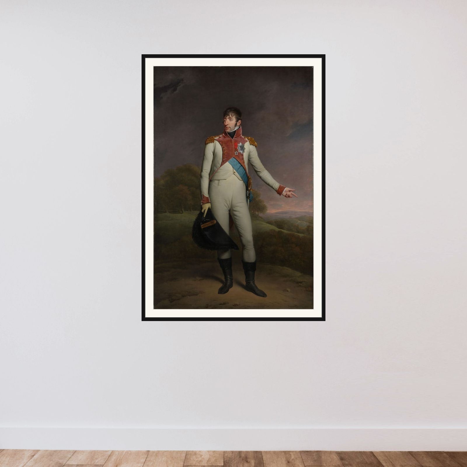 Louis Napoleon (1778-1846), King of Holland from 1806 to 1810, in the uniform of the life guards on foot, decorated with the Grand Cross of the Royal Order of the Union of Holland and the Officers Cross of the Legion of Honor framed — shown to scale