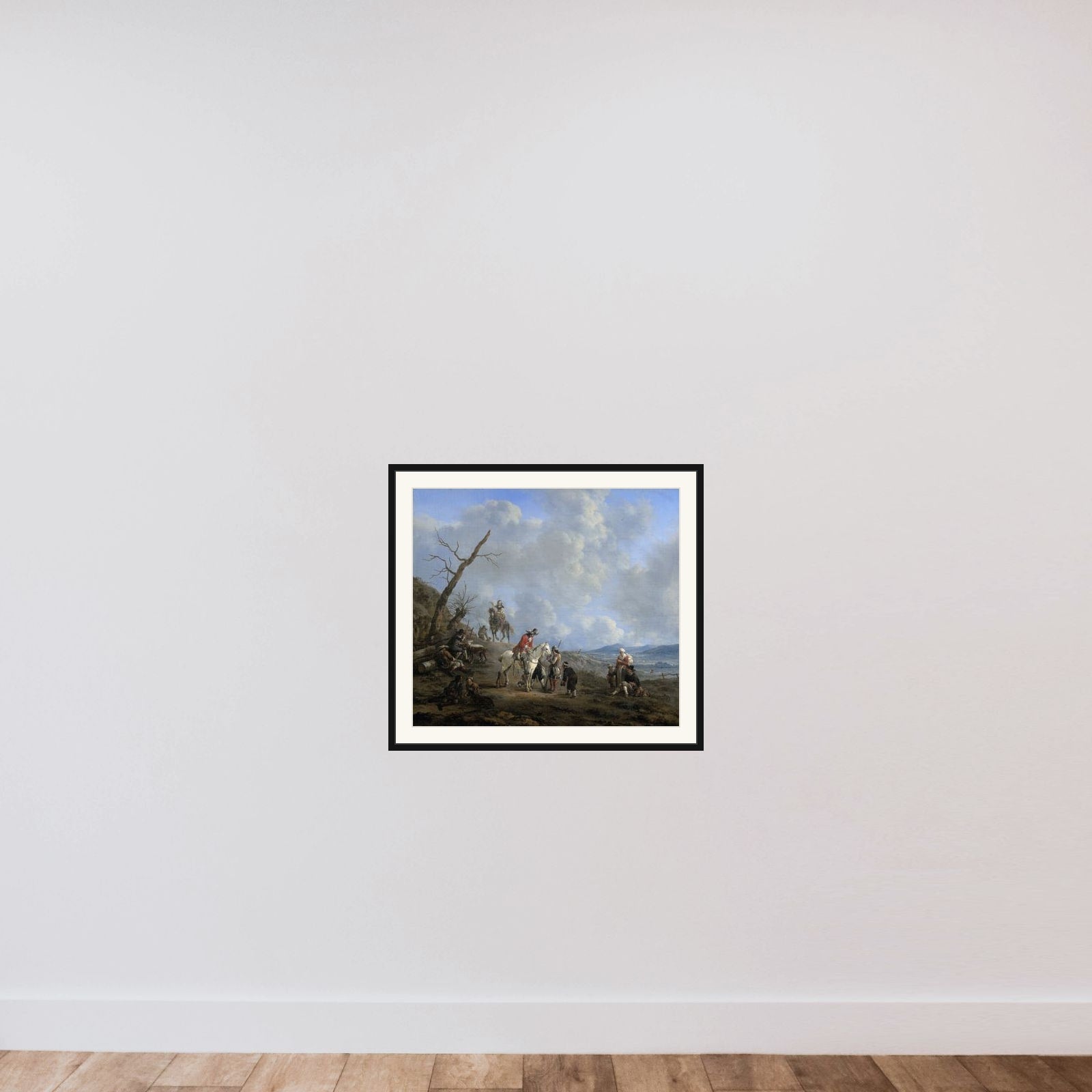 Landscape with Riders, Hunters and Peasants framed — shown to scale