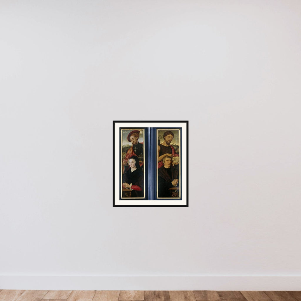 Two Wings of a Triptych with Portraits of Donors with Saints Adrian and John the Baptist framed — shown to scale