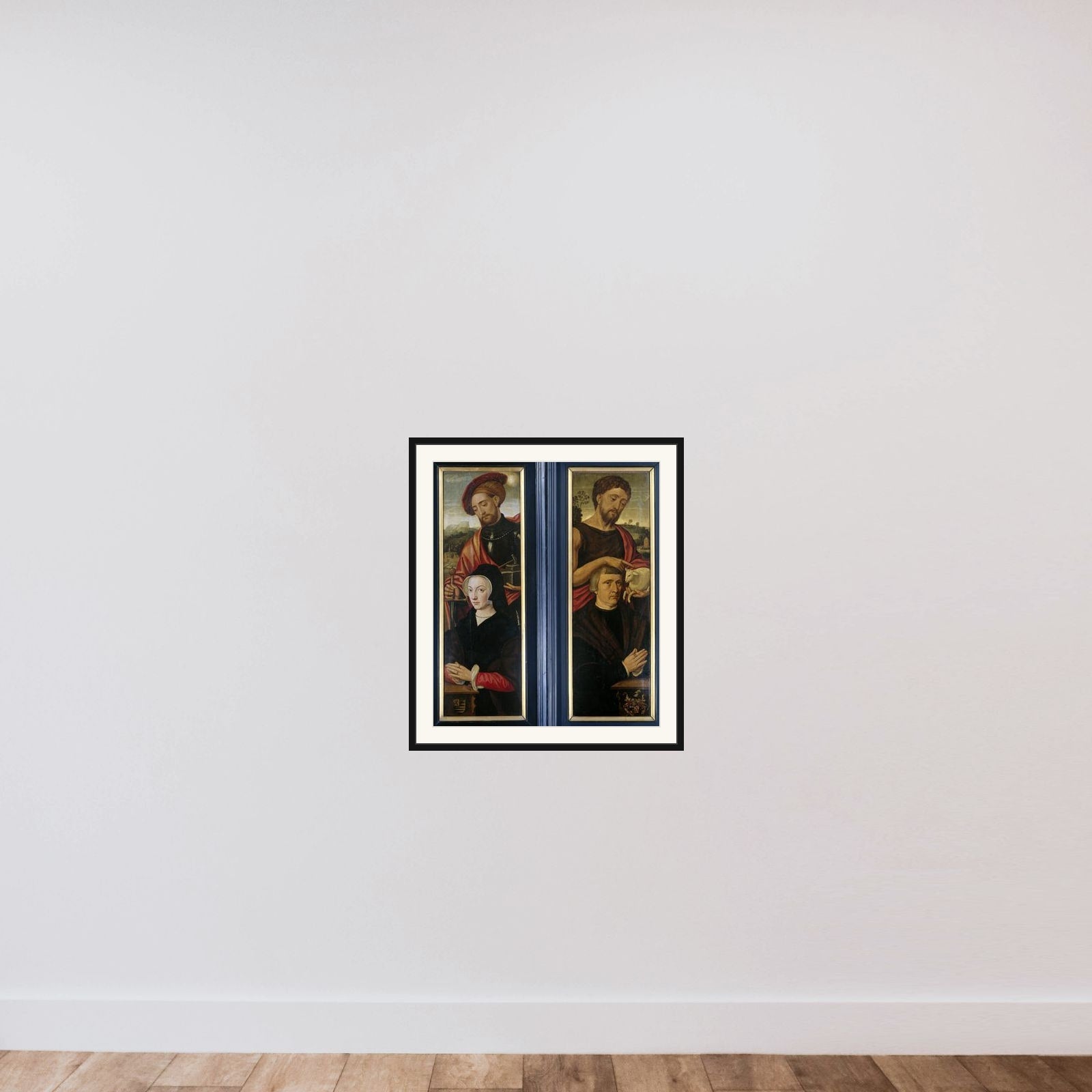 Two Wings of a Triptych with Portraits of Donors with Saints Adrian and John the Baptist framed — shown to scale