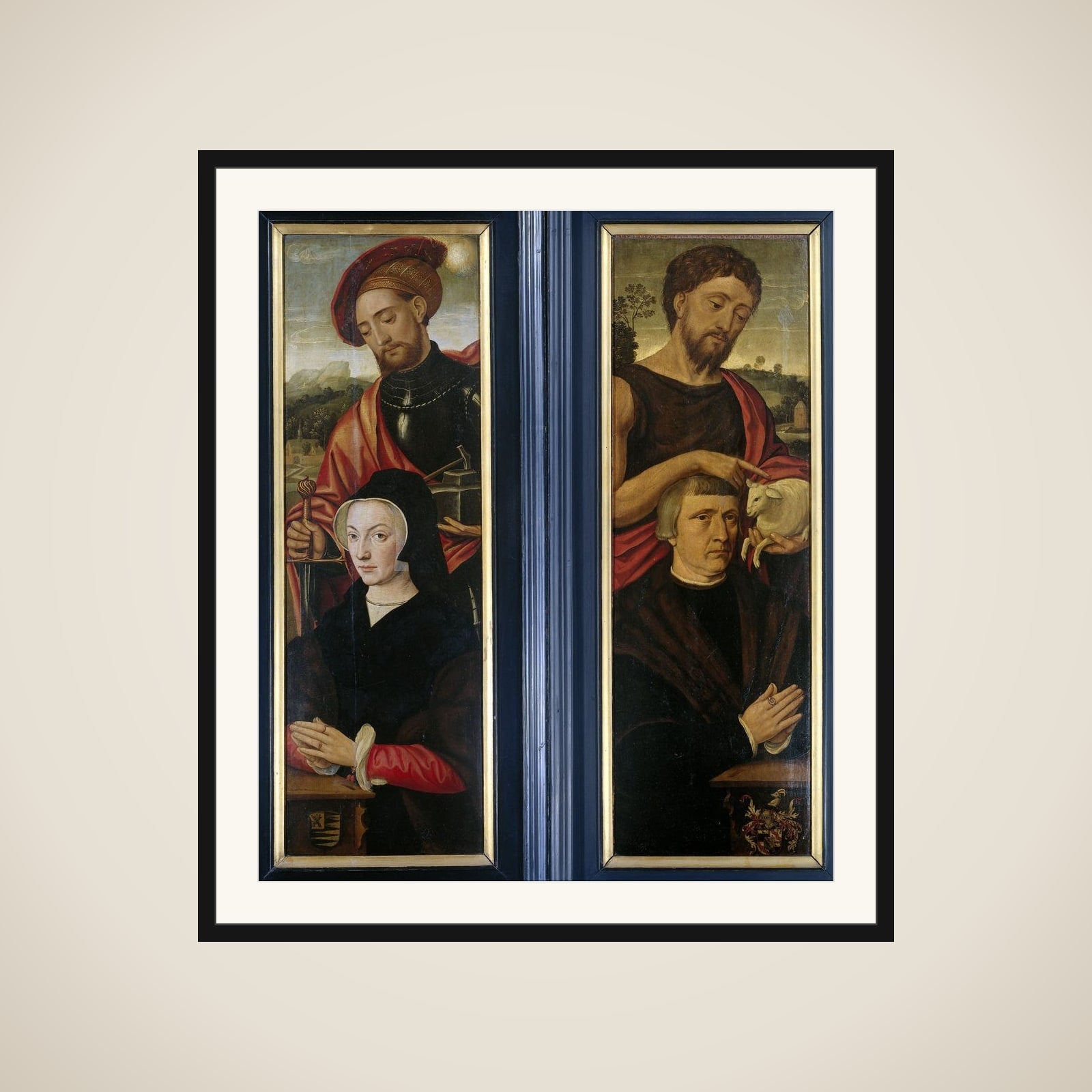 Two Wings of a Triptych with Portraits of Donors with Saints Adrian and John the Baptist framed