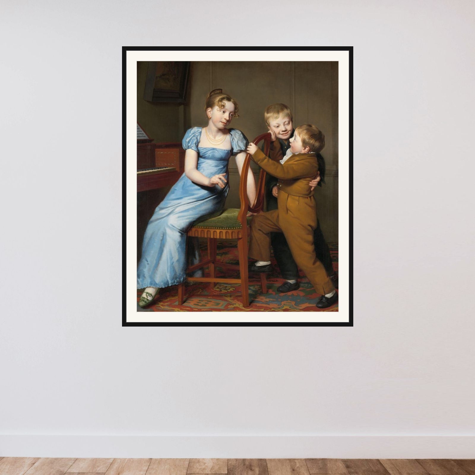 Piano Practice Interrupted framed — shown to scale