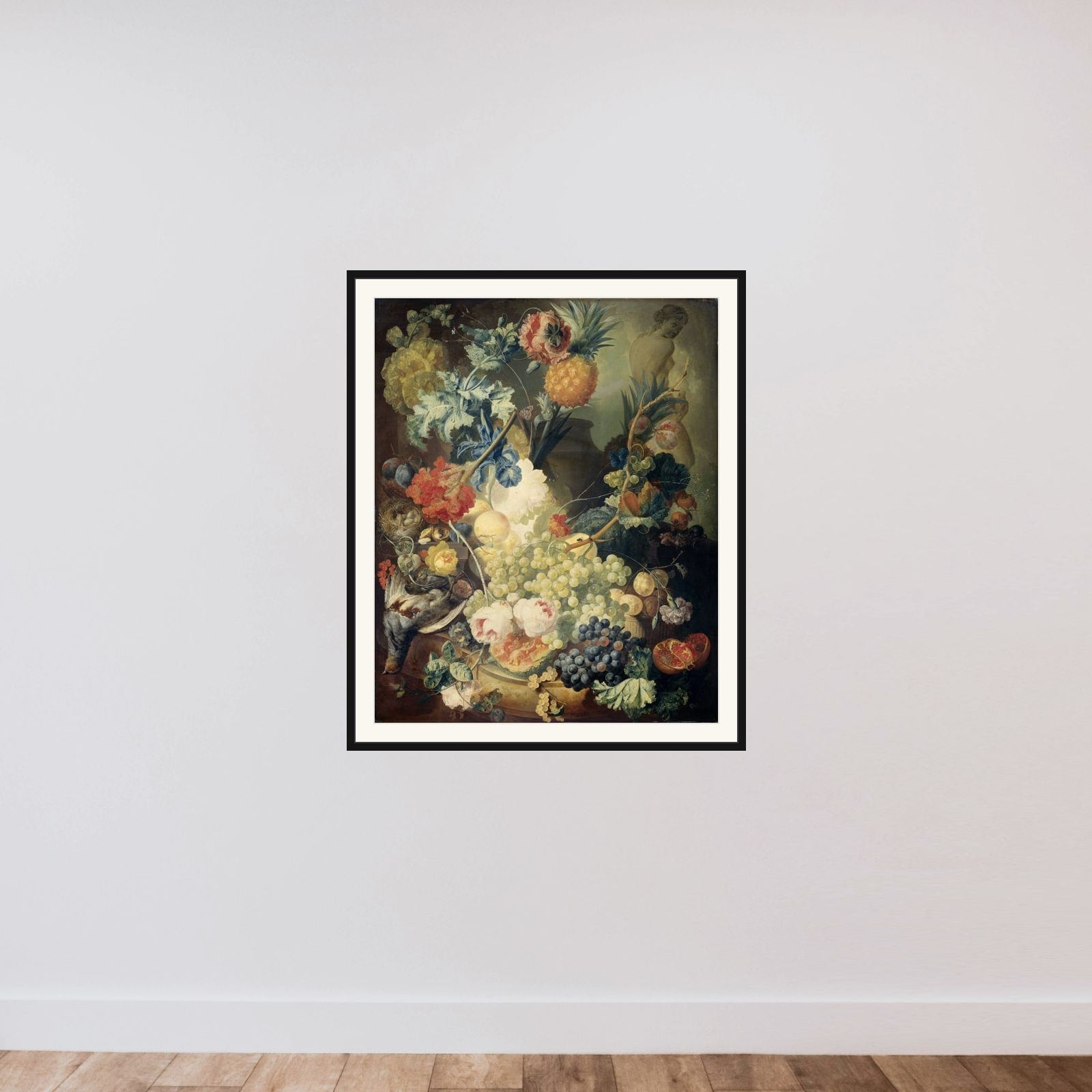 Still Life with Flowers, Fruit and Birds framed — shown to scale