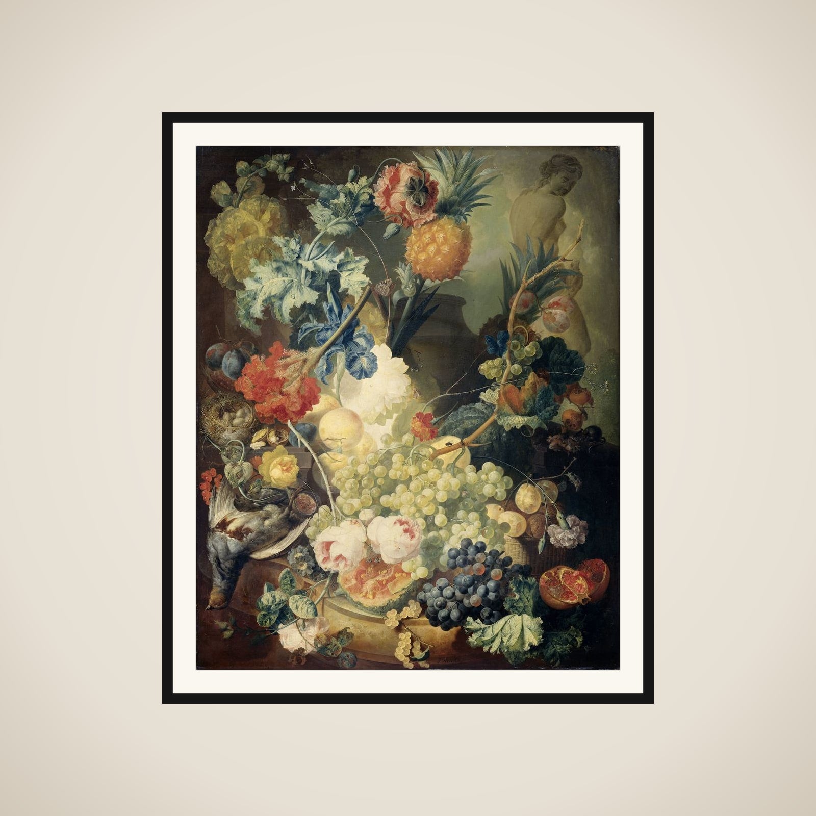 Still Life with Flowers, Fruit and Birds framed