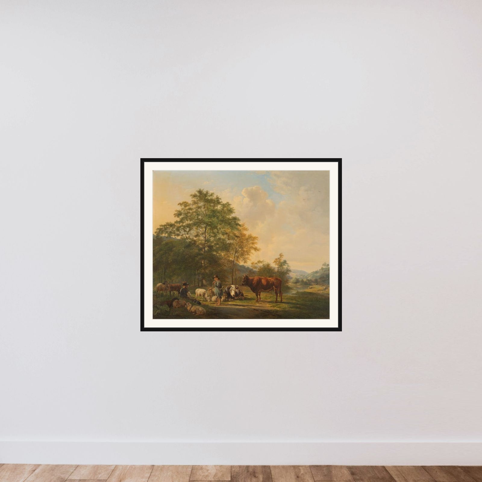 Hilly Landscape with Shepherd, Drover and Cattle framed — shown to scale