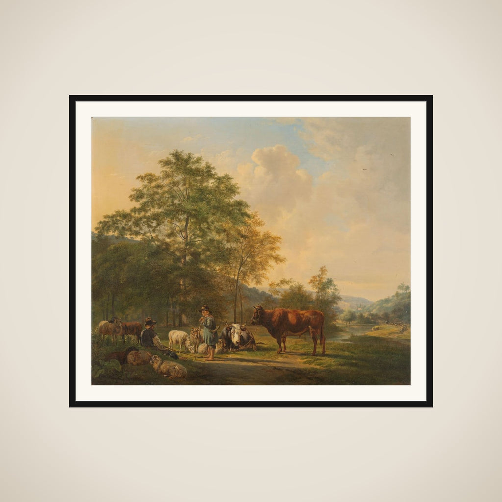 Hilly Landscape with Shepherd, Drover and Cattle framed