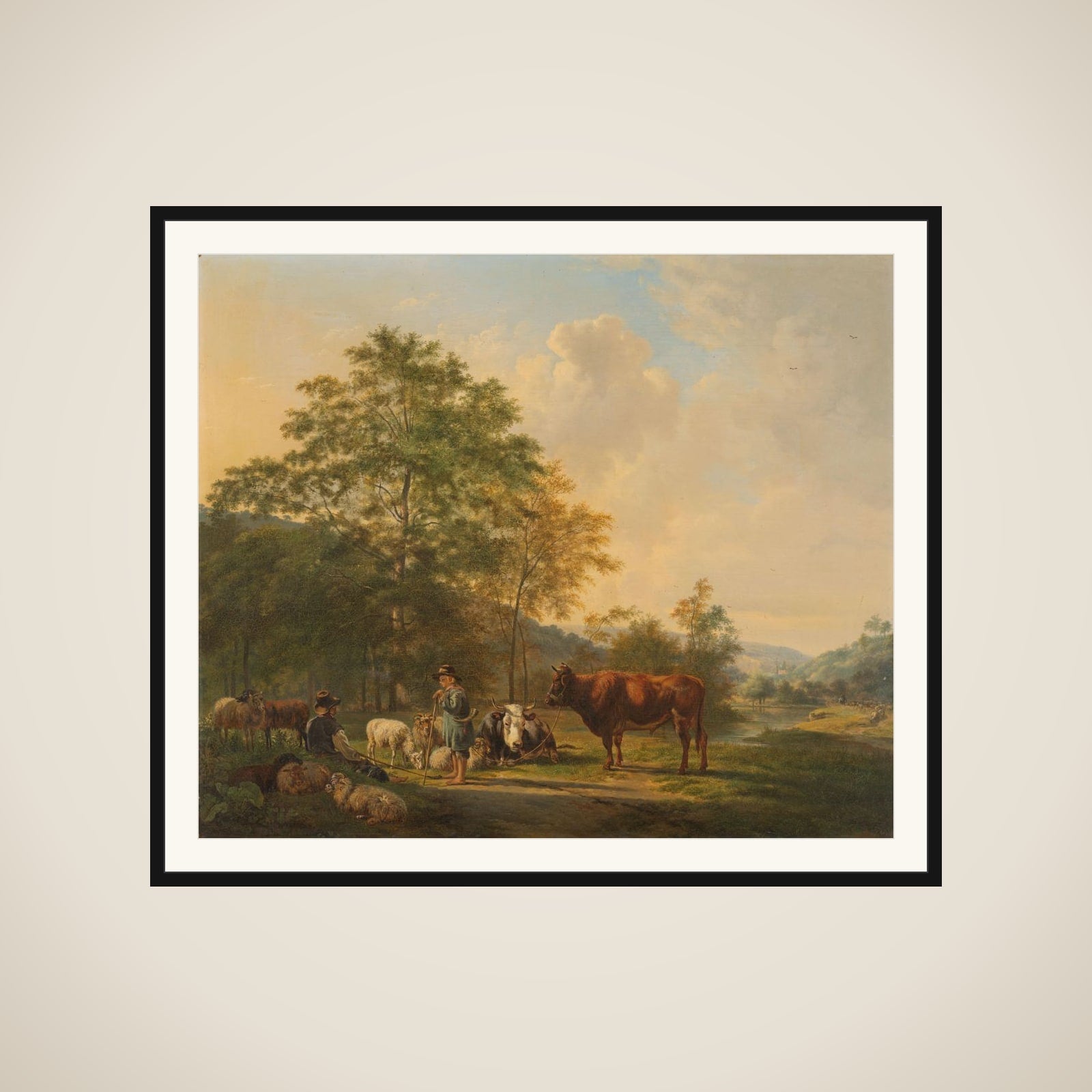 Hilly Landscape with Shepherd, Drover and Cattle framed