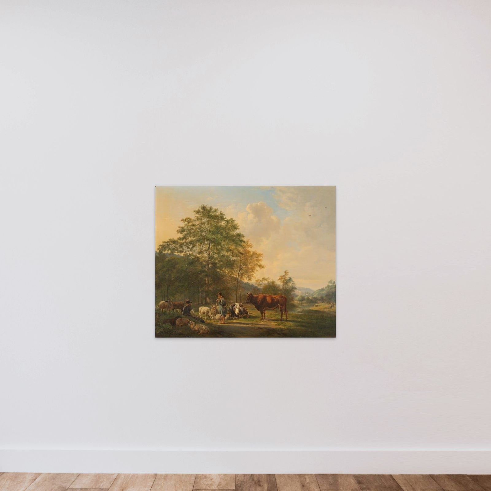 Hilly Landscape with Shepherd, Drover and Cattle unframed — shown to scale