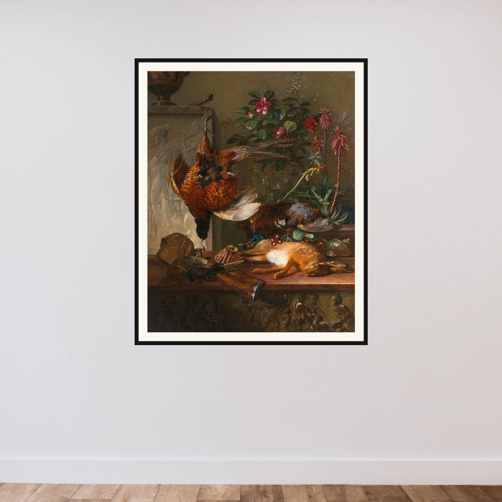Still Life with Game and a Greek Stele: Allegory of Autumn framed — shown to scale