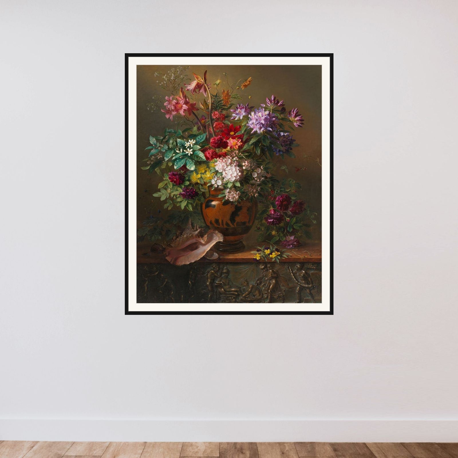 Still Life with Flowers in a Greek Vase: Allegory of Spring framed — shown to scale