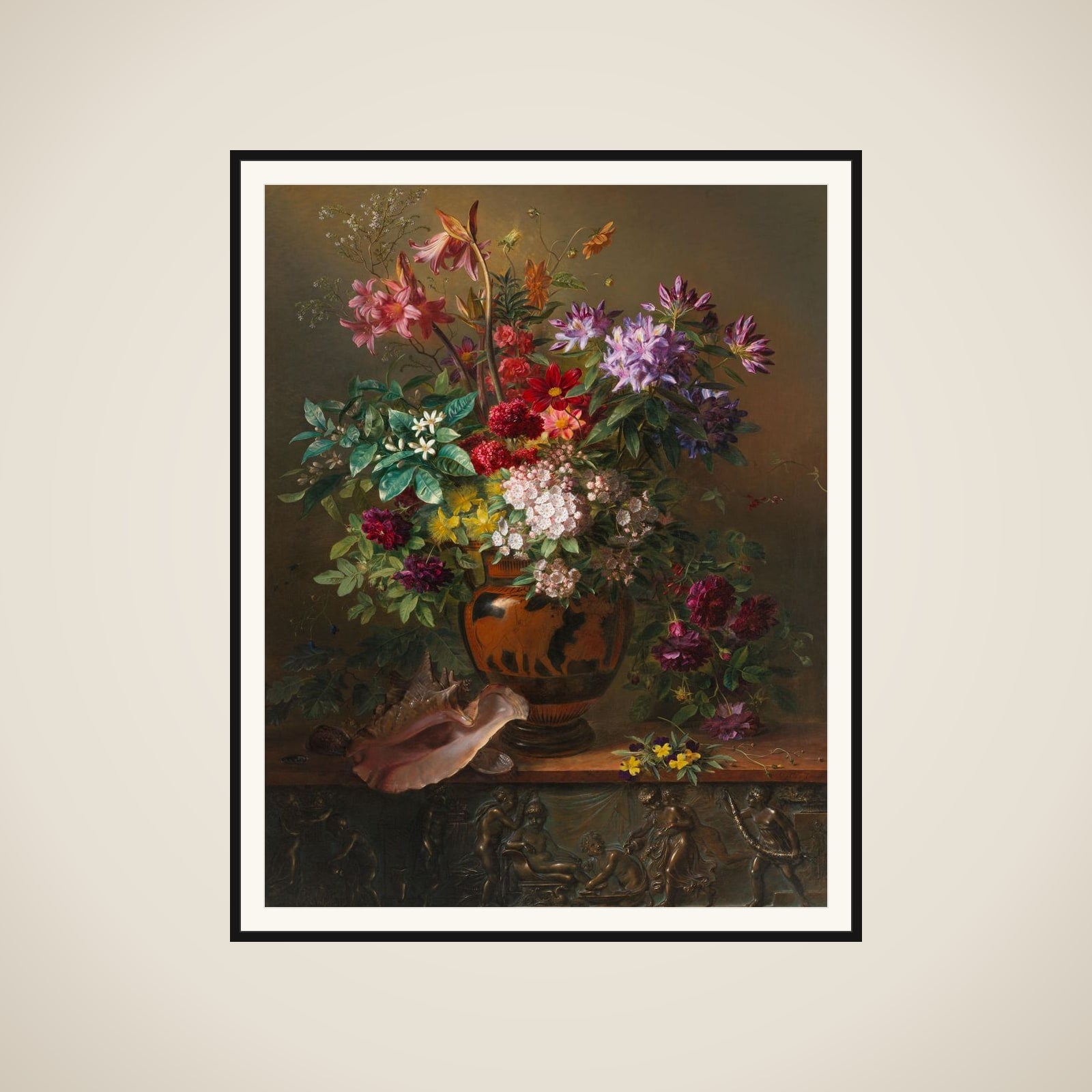 Still Life with Flowers in a Greek Vase: Allegory of Spring framed