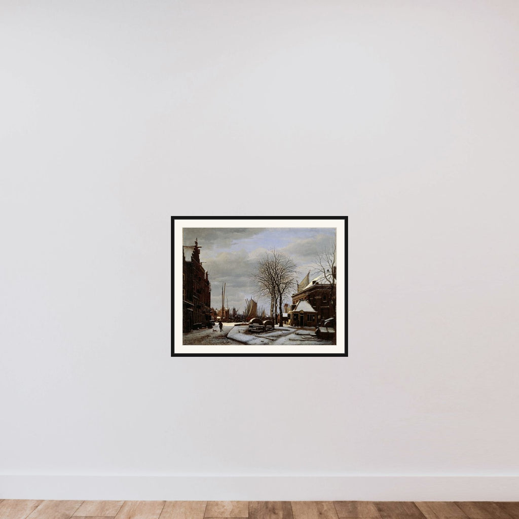 Slijpsteenmarkt (Whetstone Market) in Amsterdam with the Building 'Het Zeerecht' in Winter (The Slypsteenen at Amsterdam) framed — shown to scale