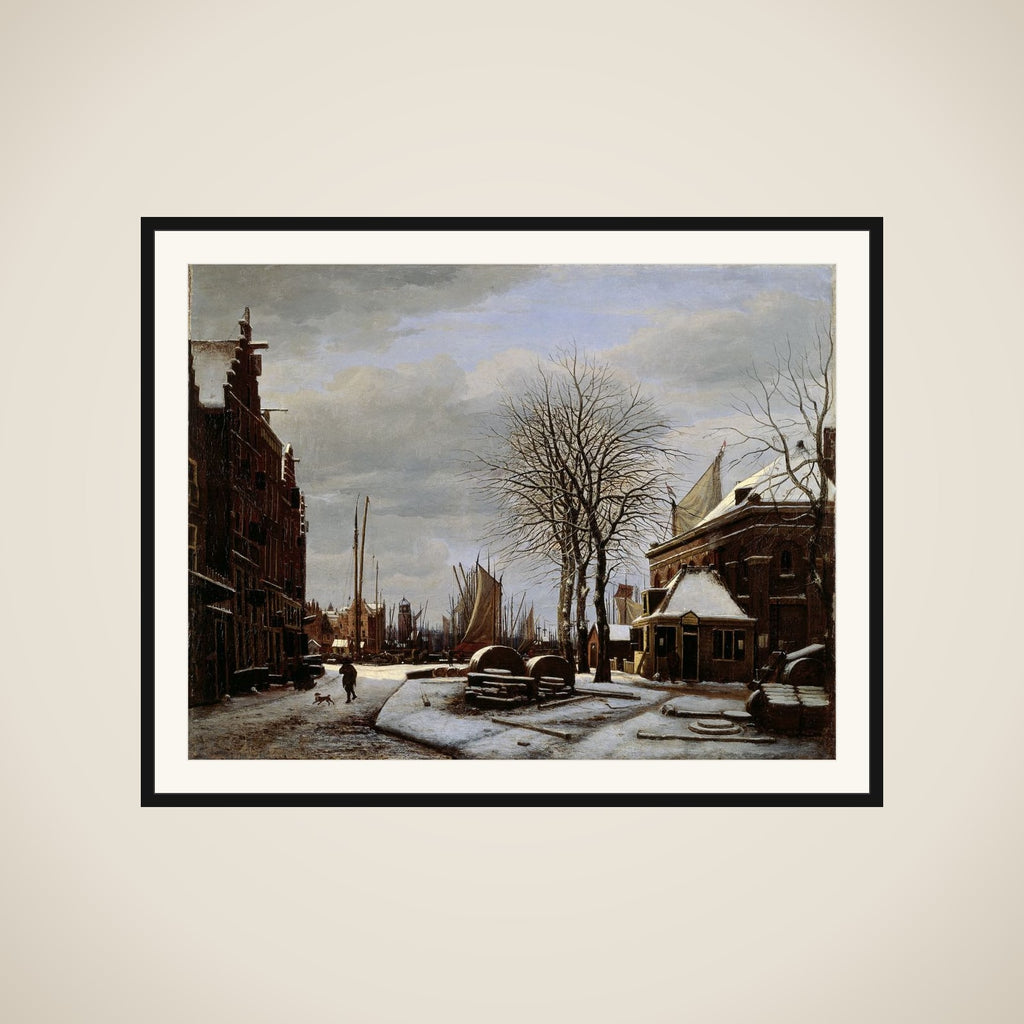 Slijpsteenmarkt (Whetstone Market) in Amsterdam with the Building 'Het Zeerecht' in Winter (The Slypsteenen at Amsterdam) framed
