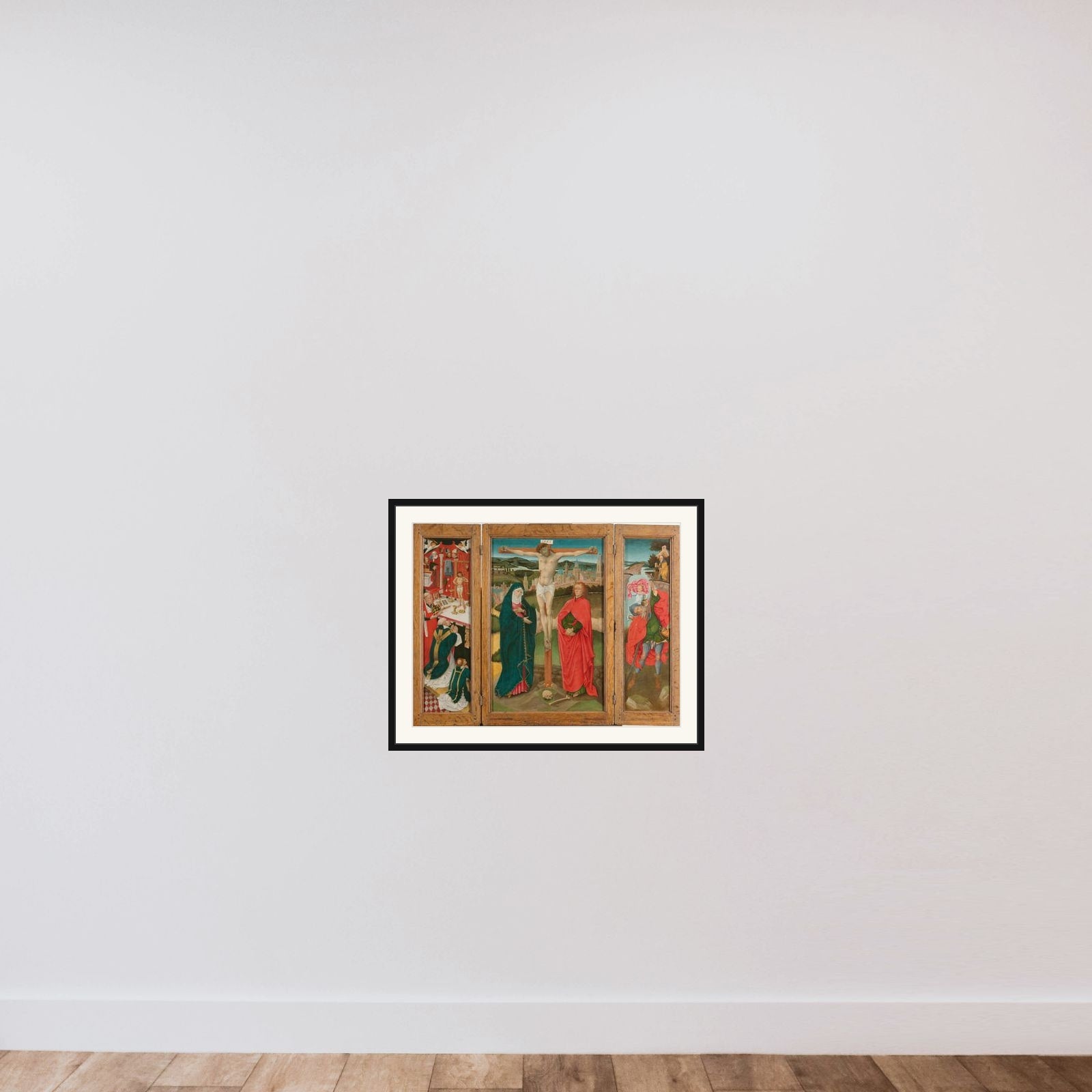 Triptych with the Crucifixion framed — shown to scale