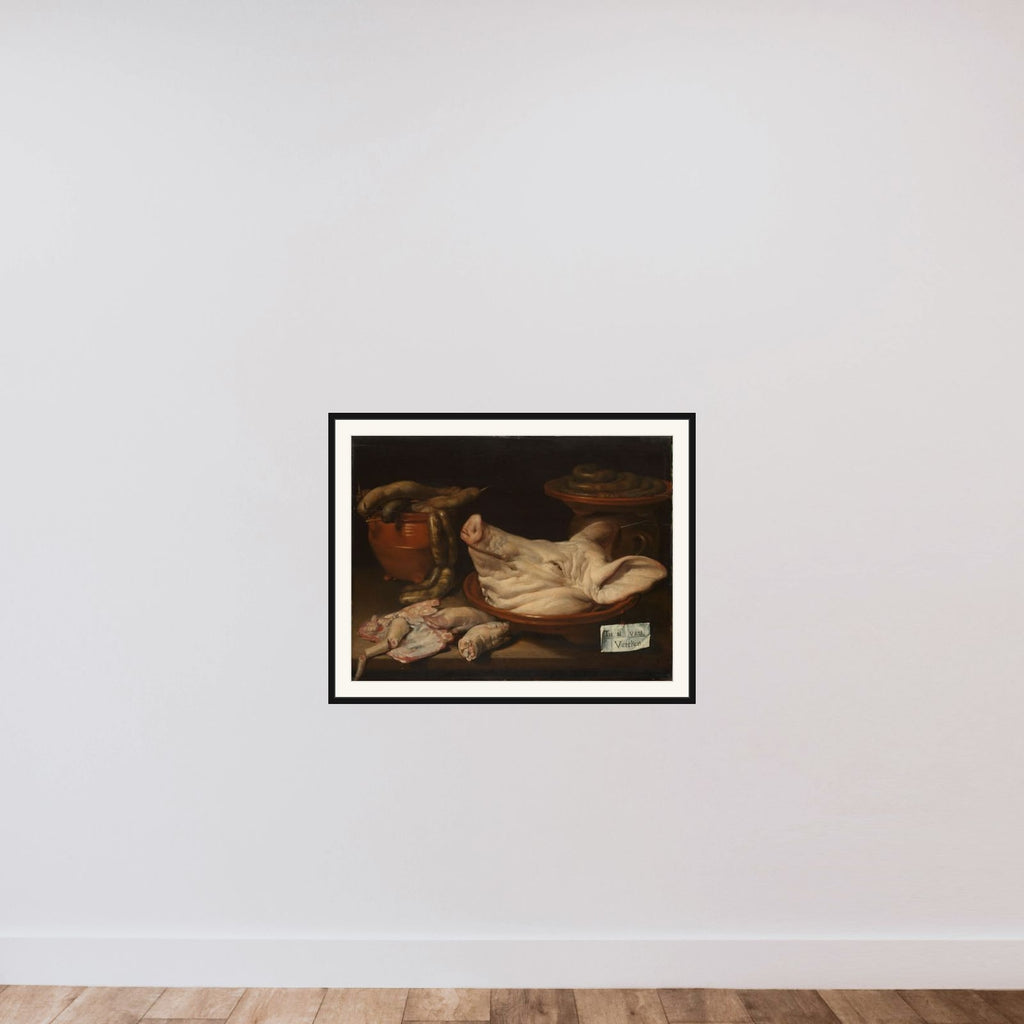 Still Life with Pig's Head, Pig's Knuckles and Sausage framed — shown to scale