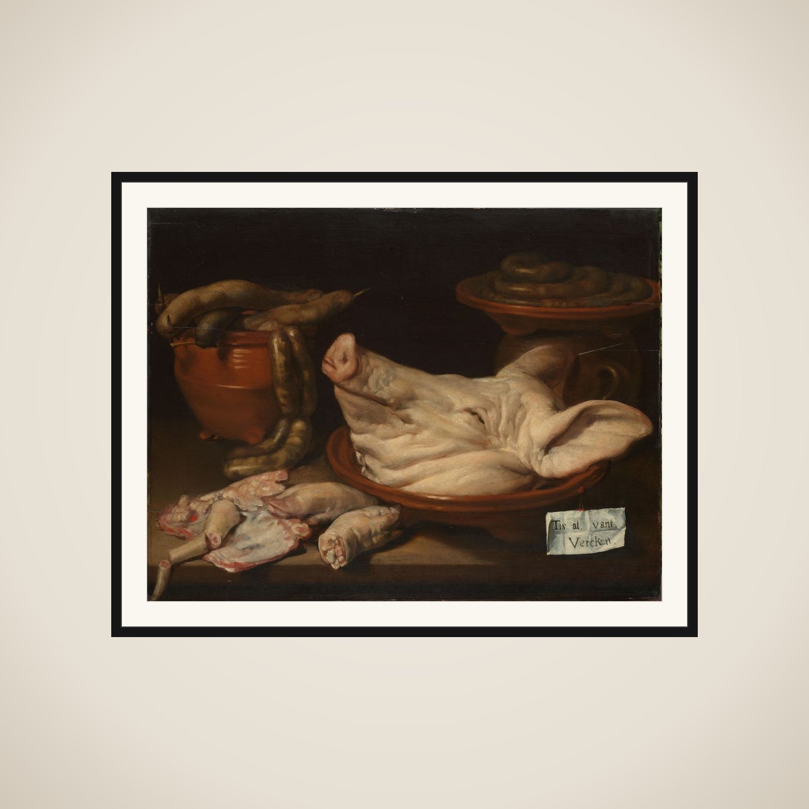 Still Life with Pig's Head, Pig's Knuckles and Sausage framed