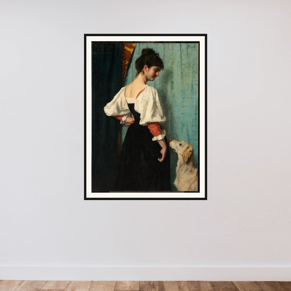 Portrait of a young Woman, with 'Puck' the Dog framed — shown to scale
