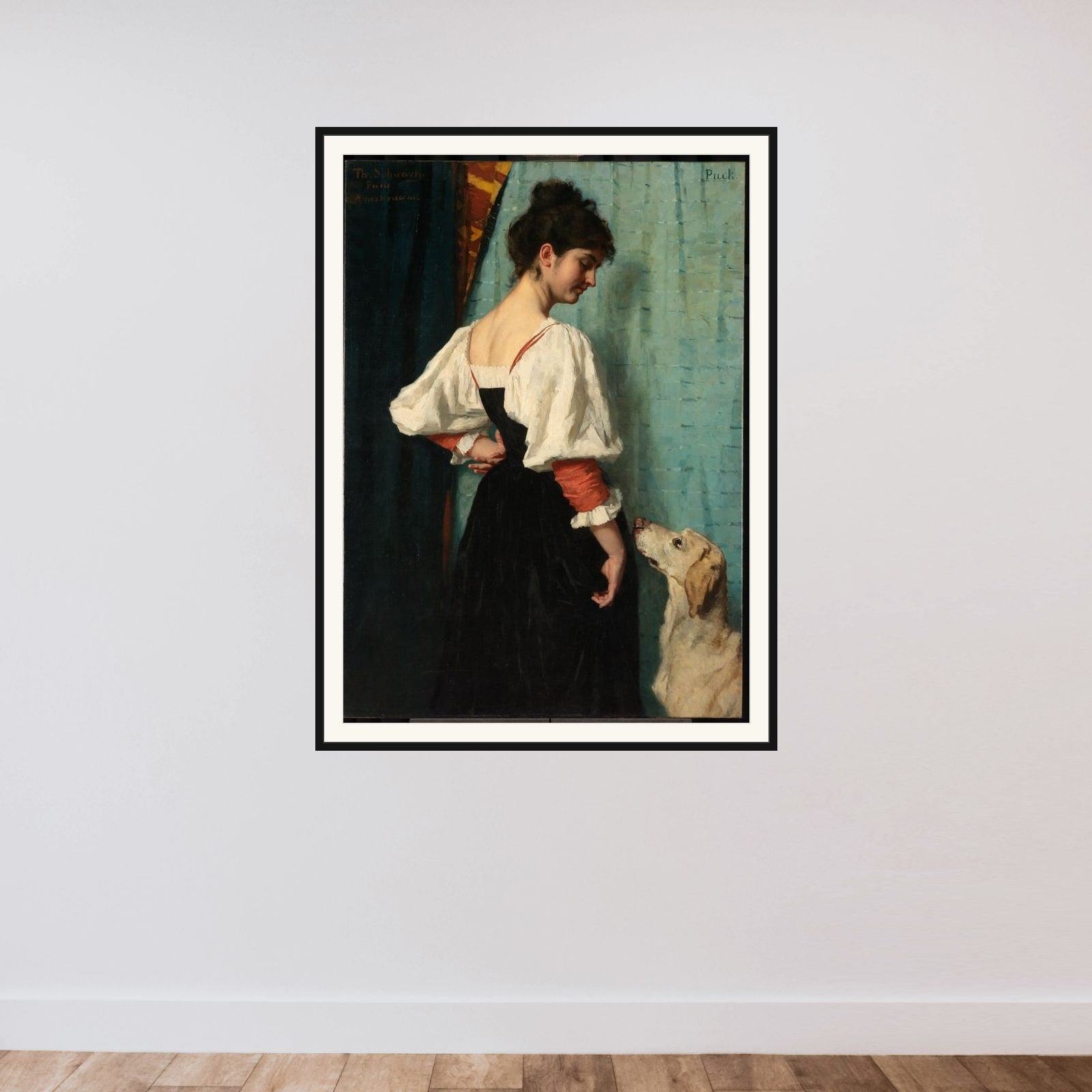 Portrait of a young Woman, with 'Puck' the Dog framed — shown to scale