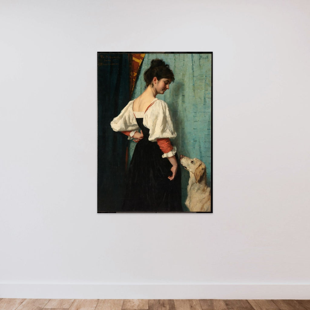 Portrait of a young Woman, with 'Puck' the Dog unframed — shown to scale