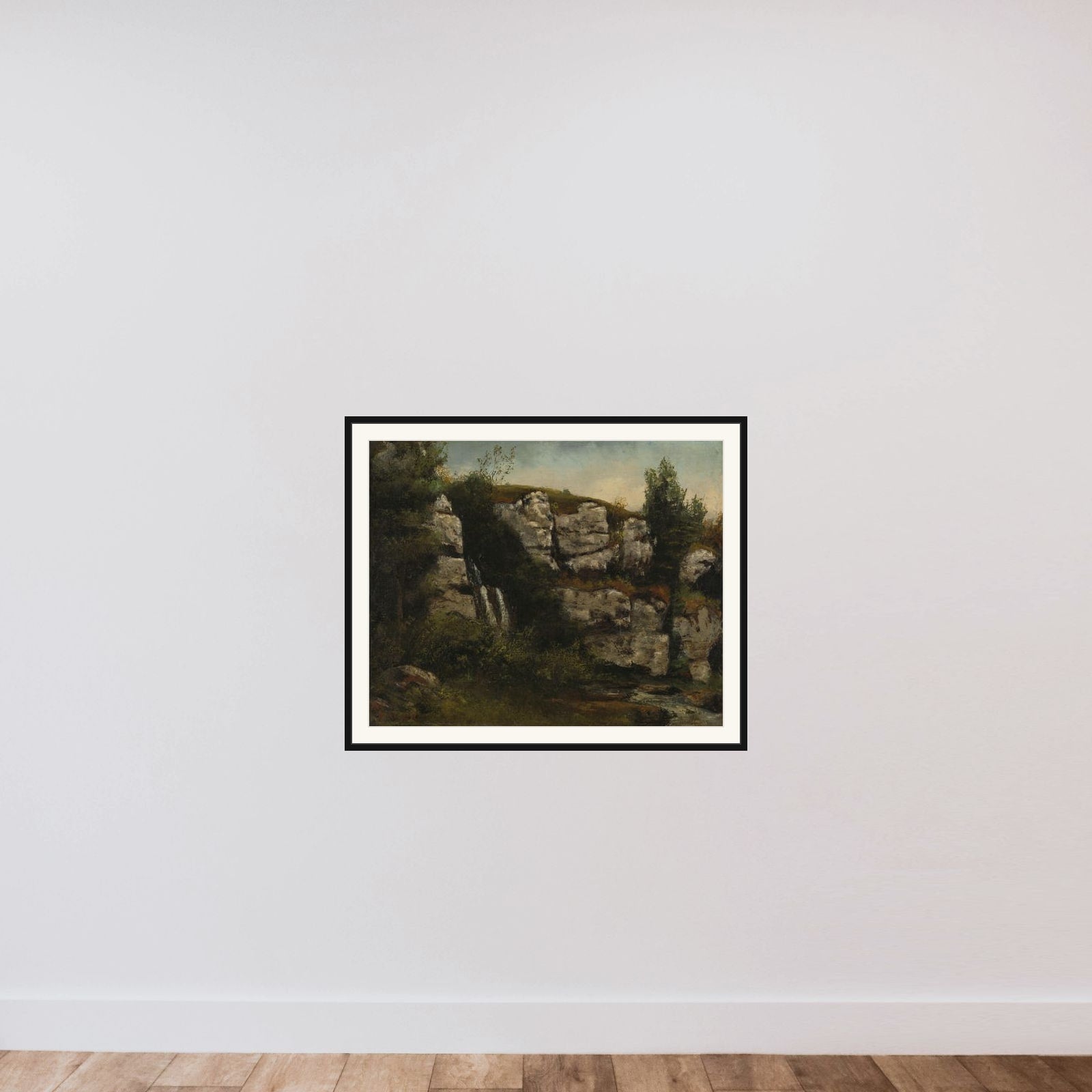 Landscape with Rocky Cliffs and a Waterfall framed — shown to scale