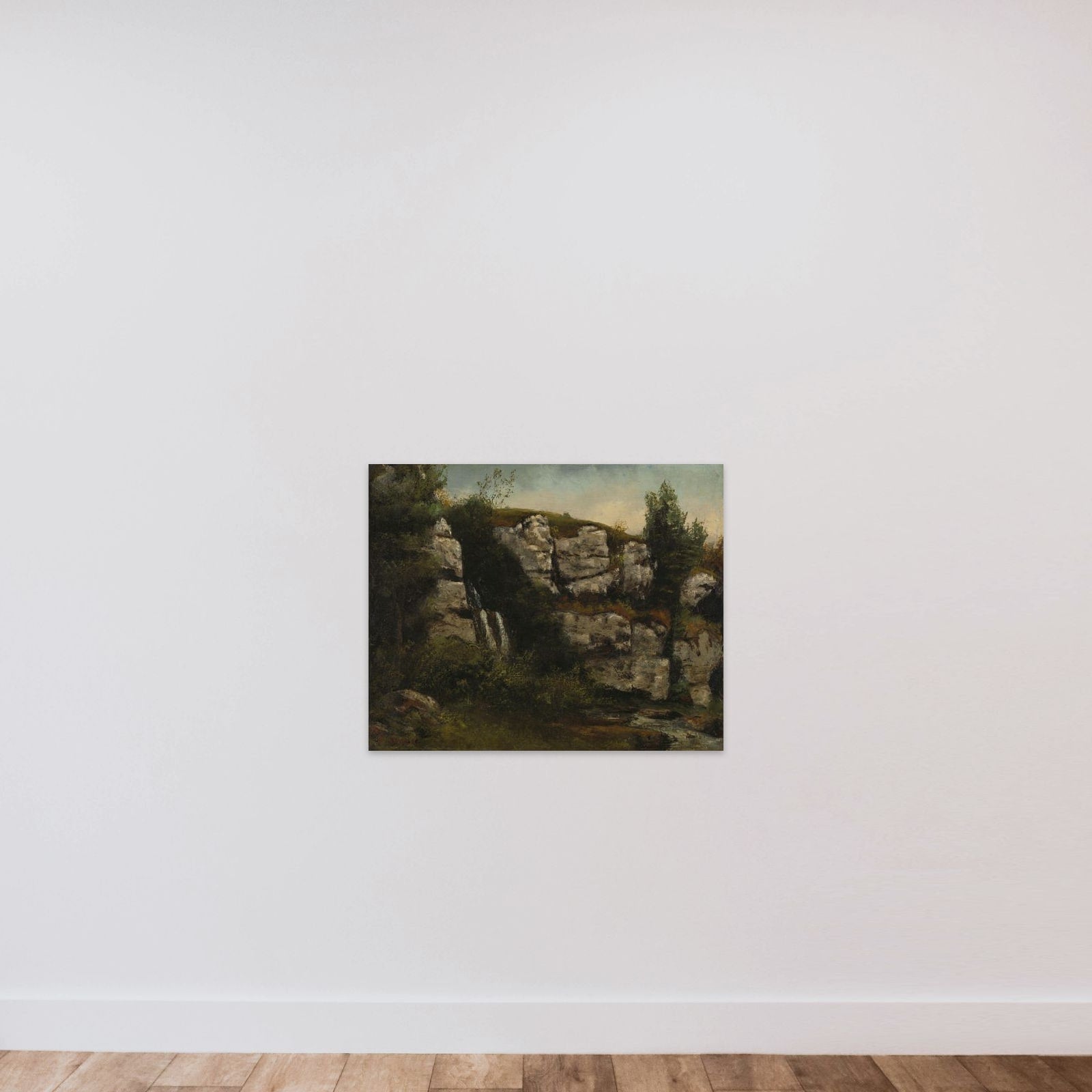 Landscape with Rocky Cliffs and a Waterfall unframed — shown to scale