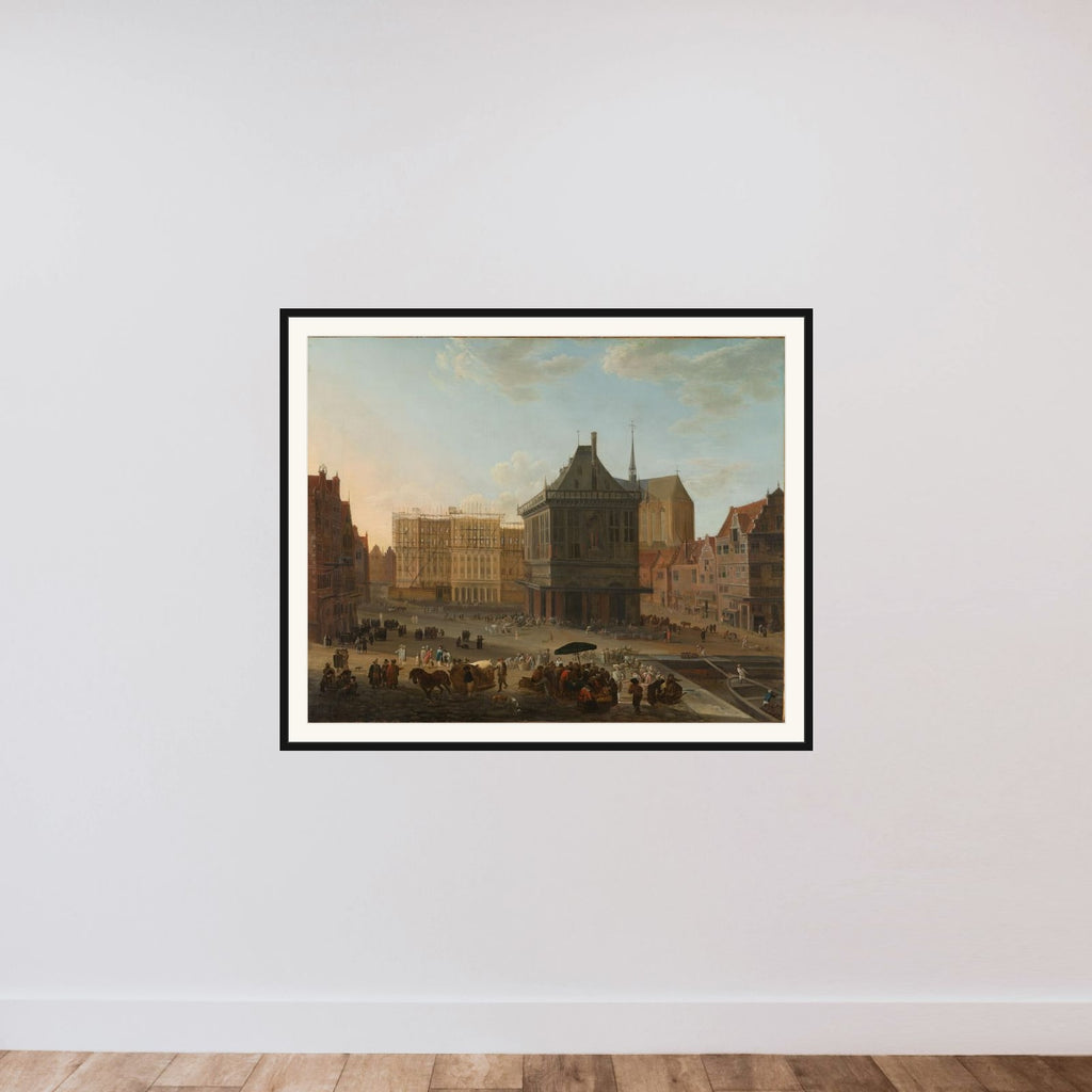 The Dam in Amsterdam with the new Town Hall under Construction framed — shown to scale