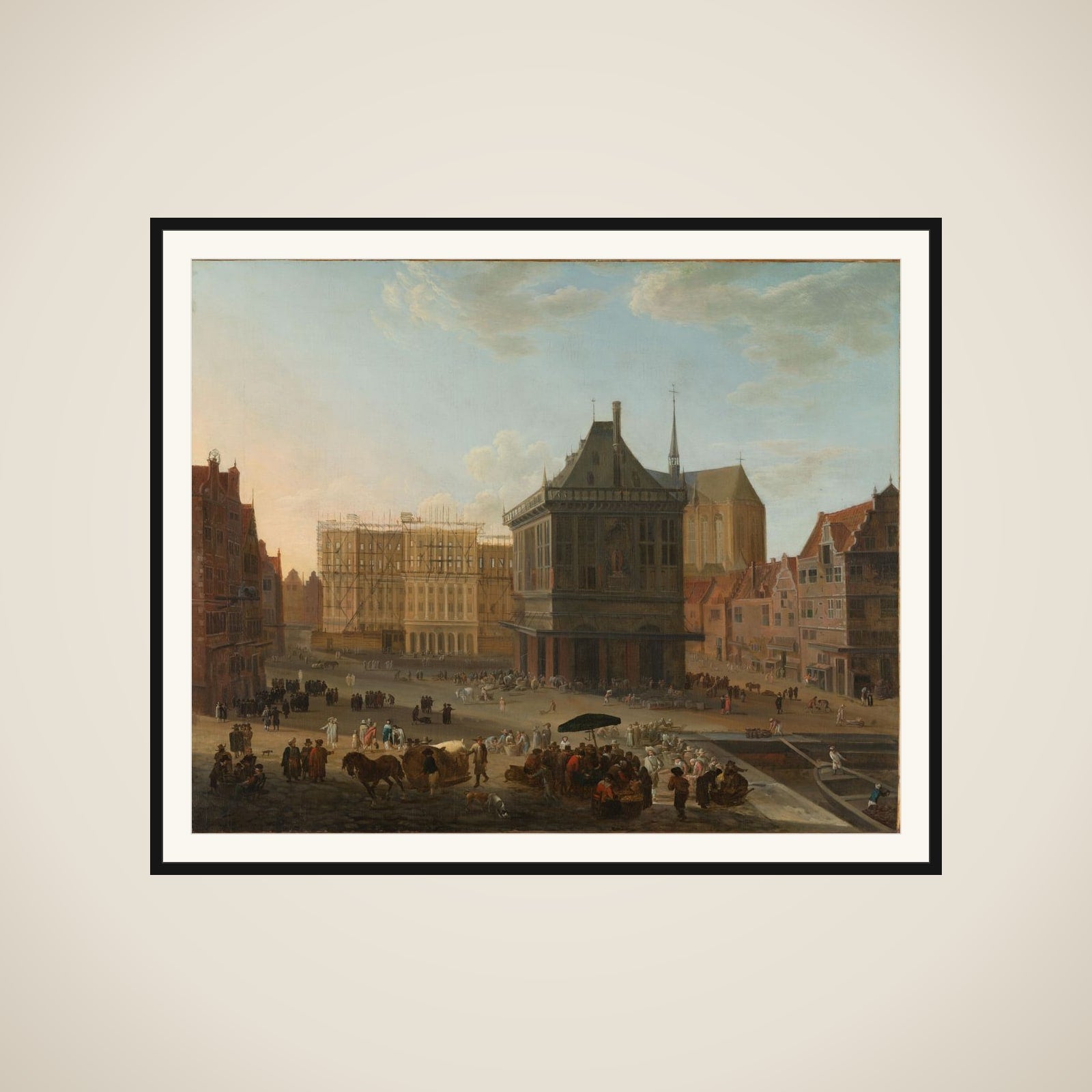 The Dam in Amsterdam with the new Town Hall under Construction framed