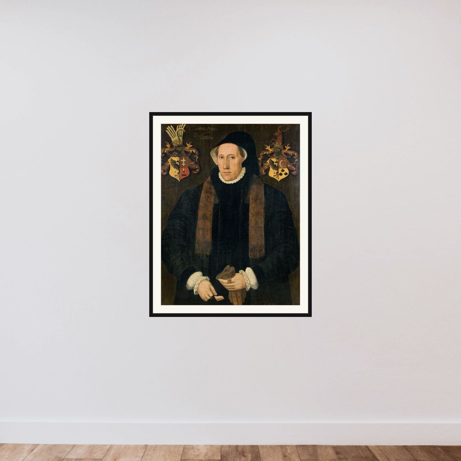 Cunera van Martena, Wife of Rudolph van Buynou framed — shown to scale