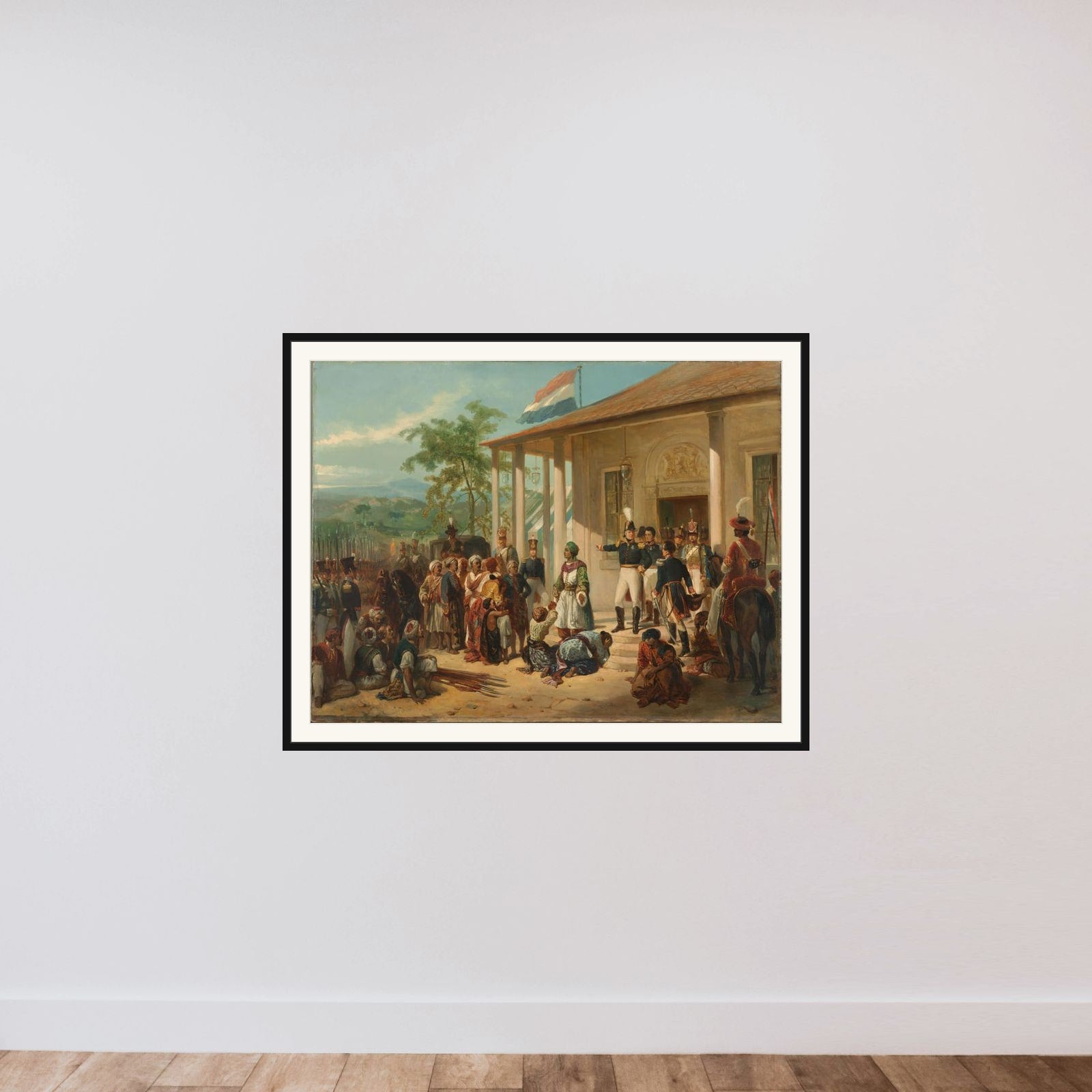 The Submission of Diepo Negoro to Lieutenant-general Hendrik Merkus Baron de Kock, 28 March 1830, Bringing to an End the Java War (1825-1830 framed — shown to scale