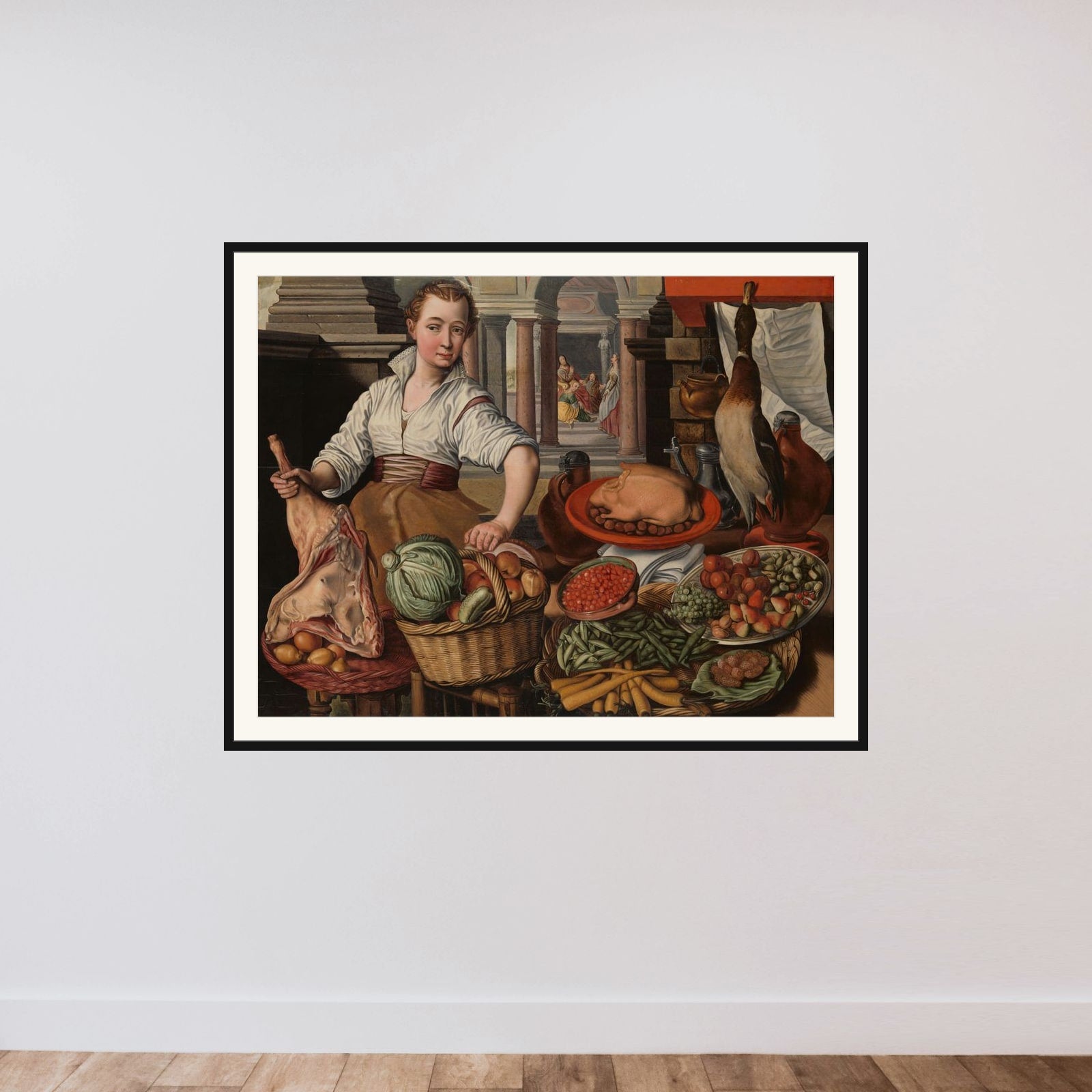 Kitchen Scene, with Jesus in the House of Martha and Mary in the background framed — shown to scale