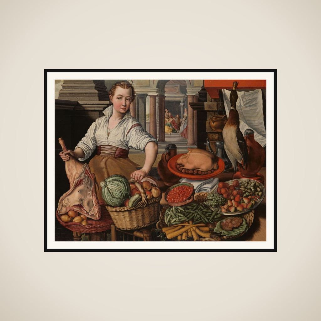Kitchen Scene, with Jesus in the House of Martha and Mary in the background framed