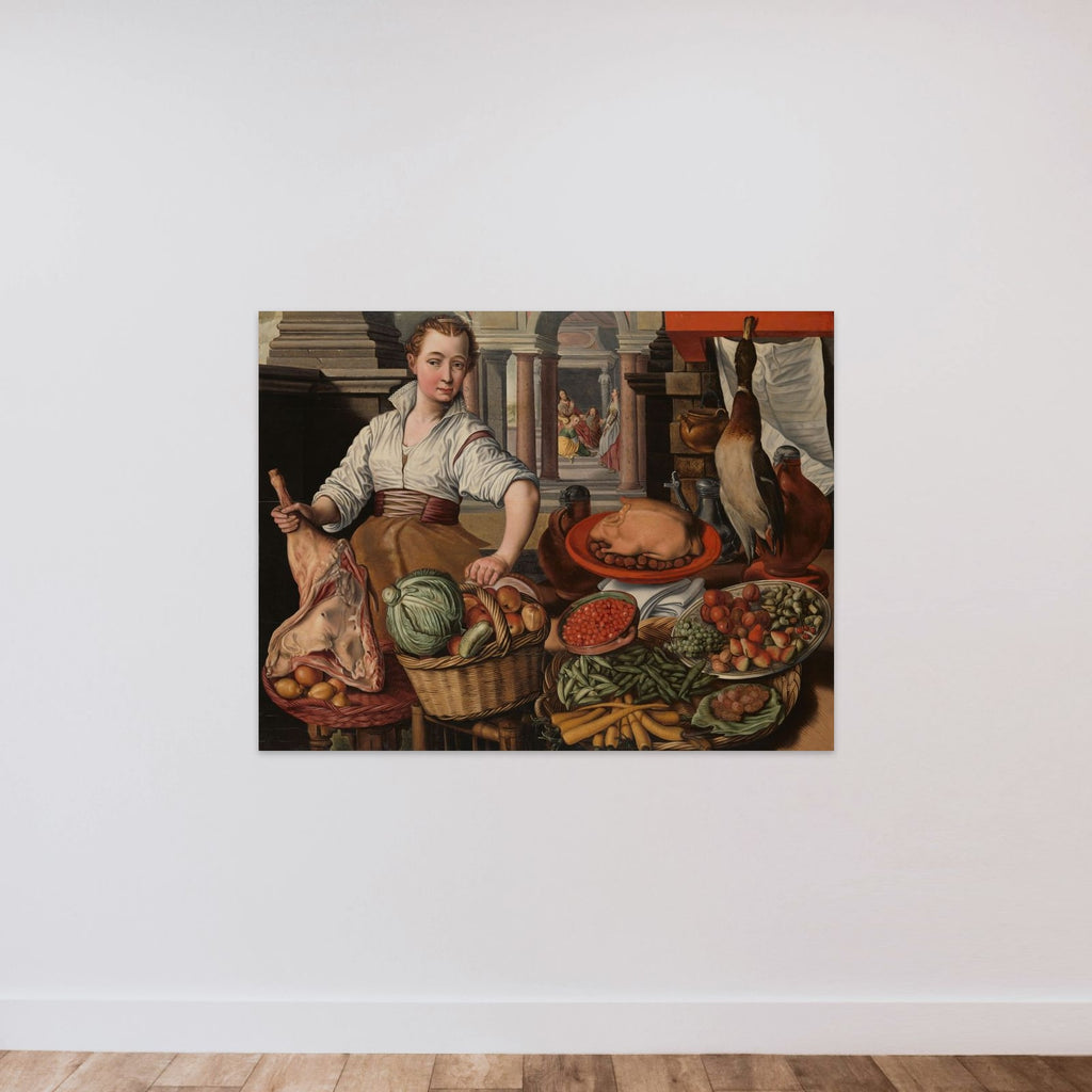 Kitchen Scene, with Jesus in the House of Martha and Mary in the background unframed — shown to scale