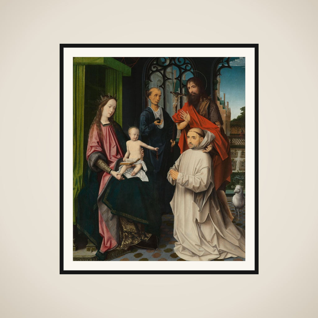Virgin and Child Enthroned, with Saints Jerome and John the Baptist and a Carthusian Monk framed