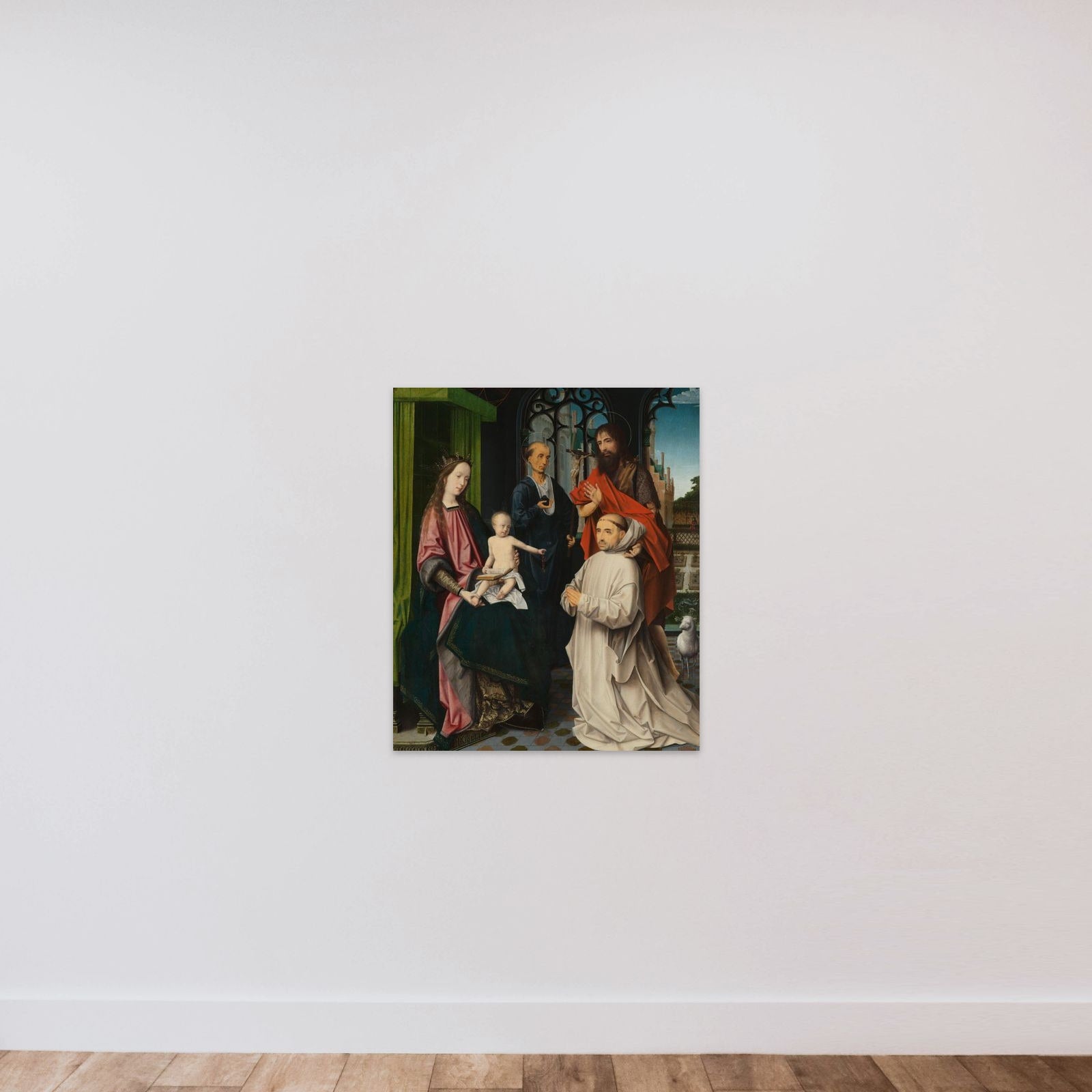 Virgin and Child Enthroned, with Saints Jerome and John the Baptist and a Carthusian Monk unframed — shown to scale