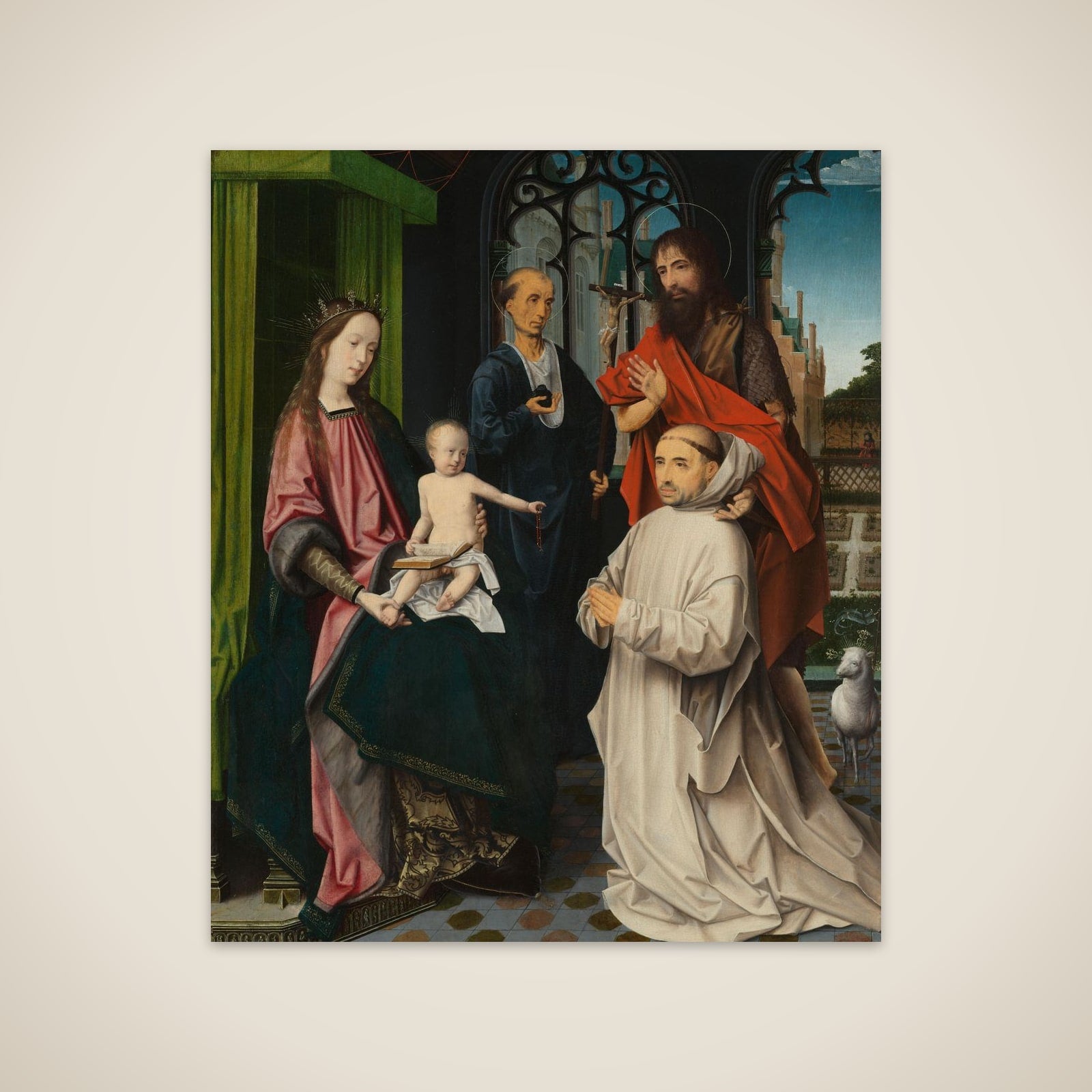Virgin and Child Enthroned, with Saints Jerome and John the Baptist and a Carthusian Monk unframed print