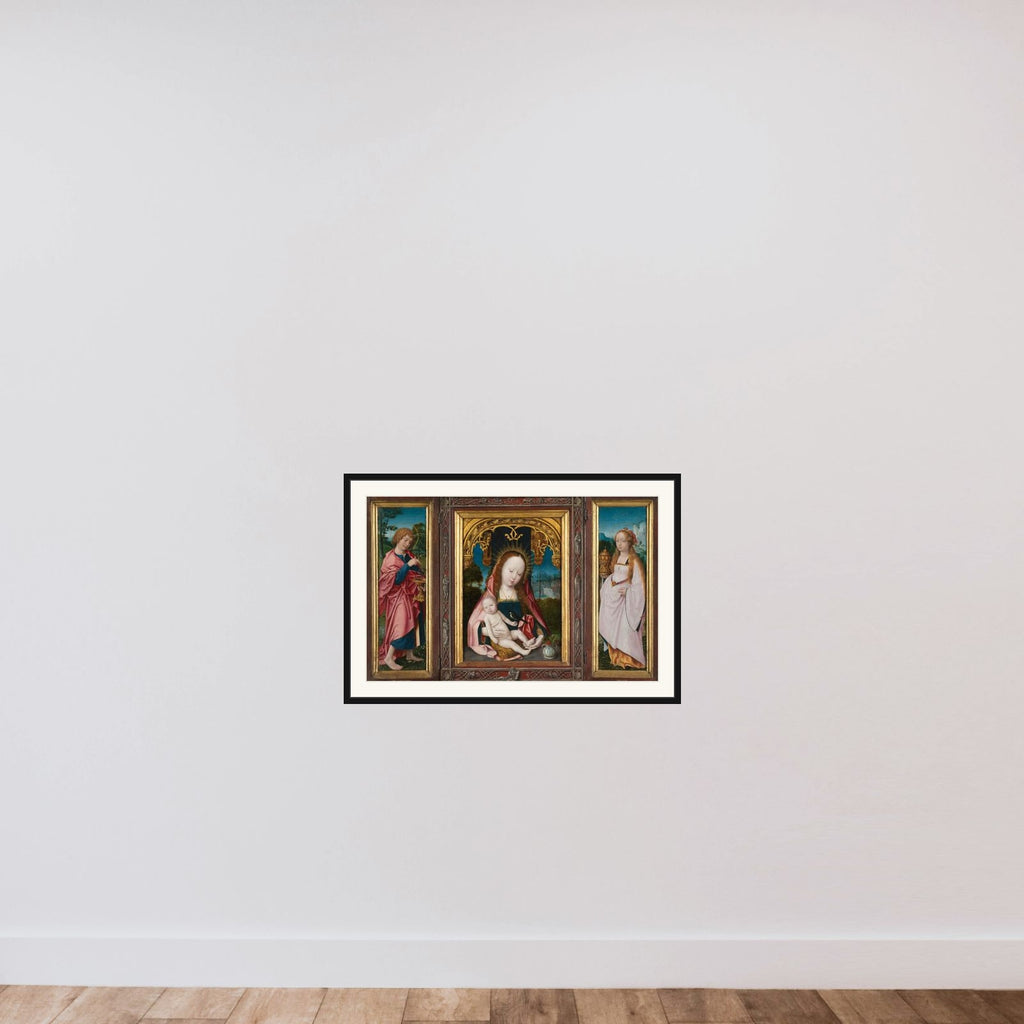 Triptych with Virgin and Child, Saint John the Evangelist (left wing) and Mary Magdalene (right wing) framed — shown to scale