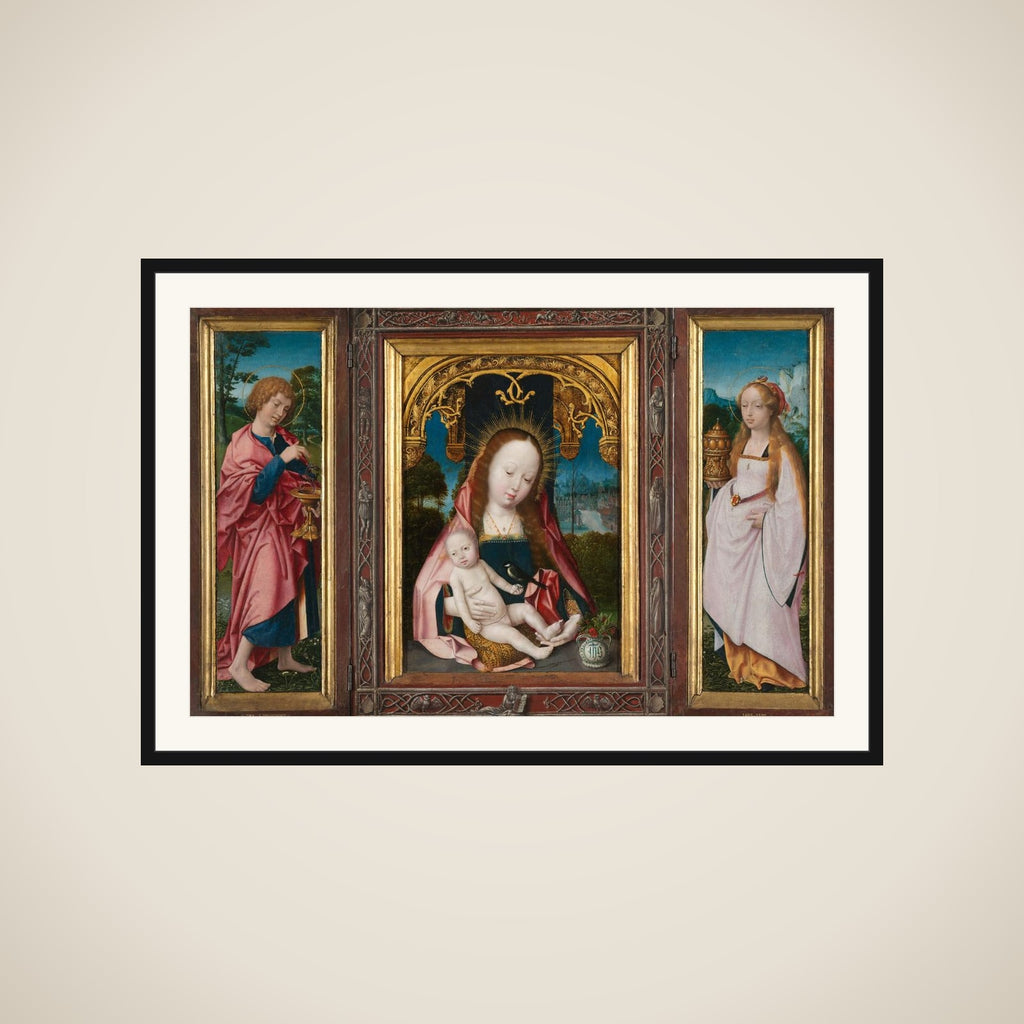 Triptych with Virgin and Child, Saint John the Evangelist (left wing) and Mary Magdalene (right wing) framed