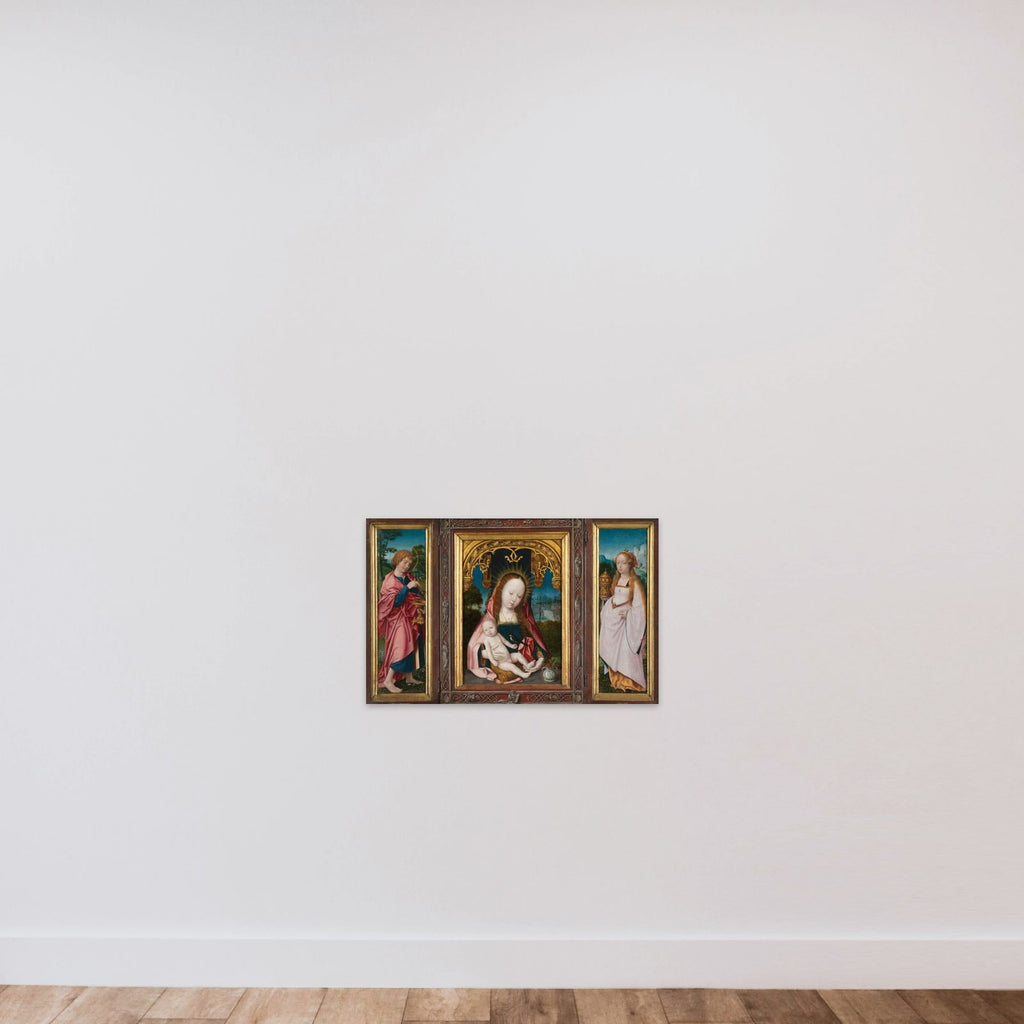 Triptych with Virgin and Child, Saint John the Evangelist (left wing) and Mary Magdalene (right wing) unframed — shown to scale