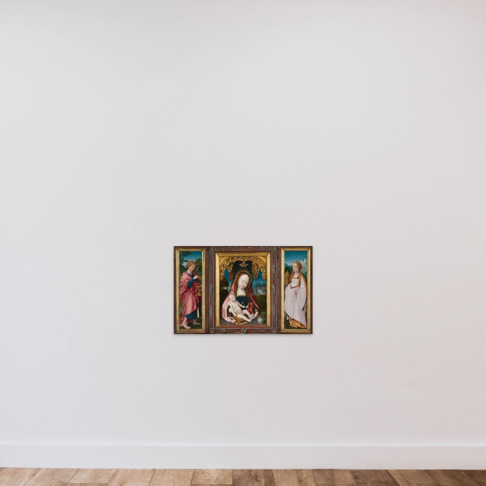 Triptych with Virgin and Child, Saint John the Evangelist (left wing) and Mary Magdalene (right wing) unframed — shown to scale
