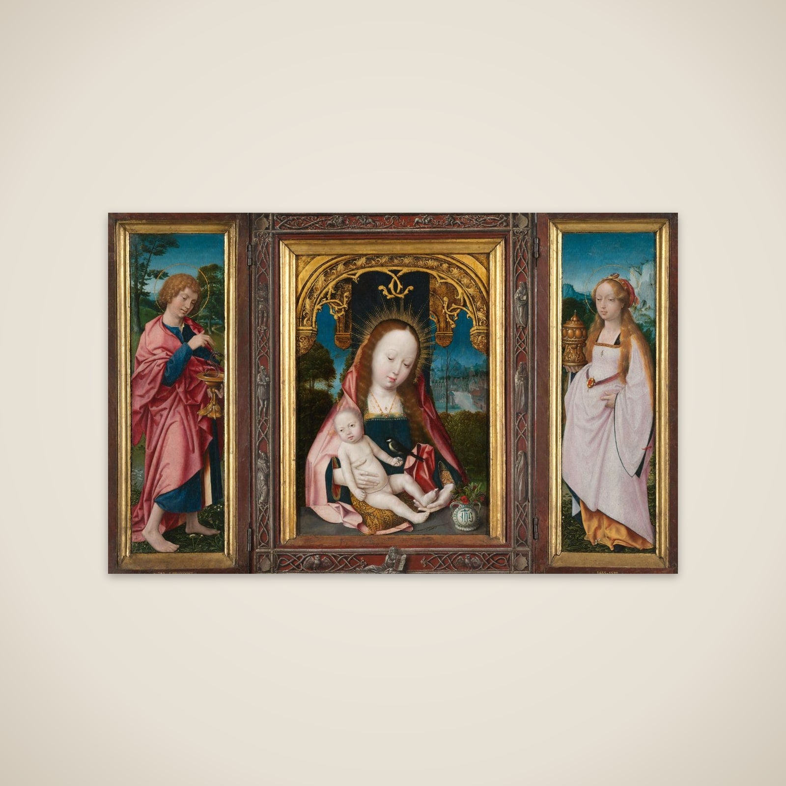 Triptych with Virgin and Child, Saint John the Evangelist (left wing) and Mary Magdalene (right wing) unframed print