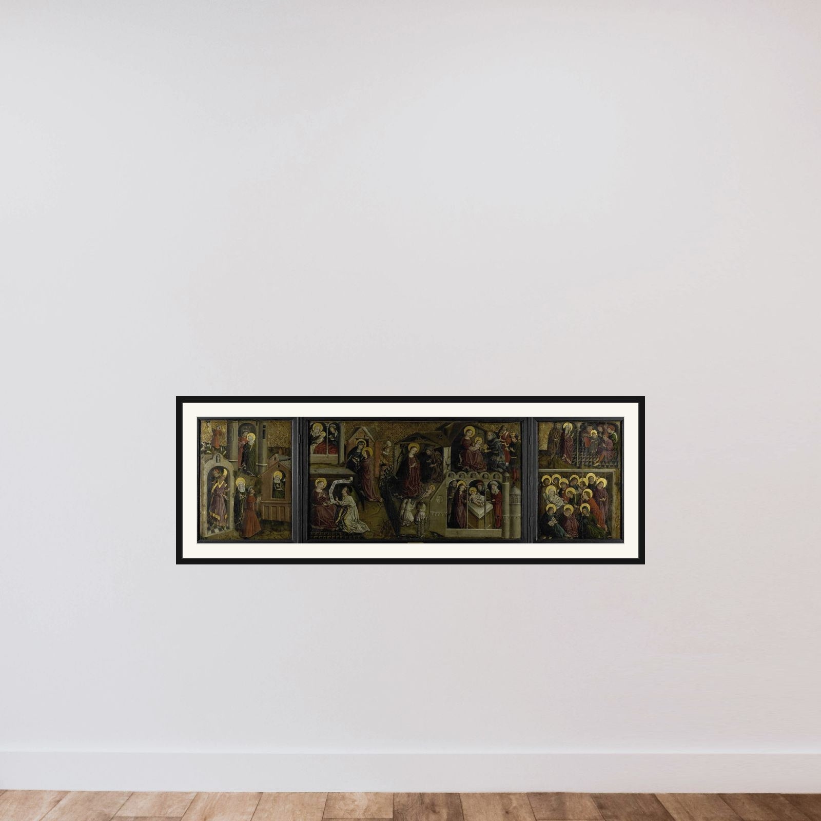Triptych with Scenes from the Life of the Virgin framed — shown to scale