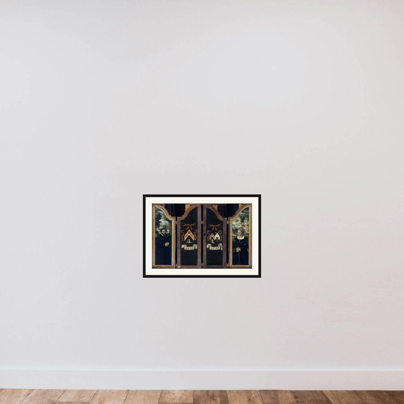 Two Wings of a Triptych with the Portraits of Julien de Brouckere and his Wife Elisabeth Canneel framed — shown to scale