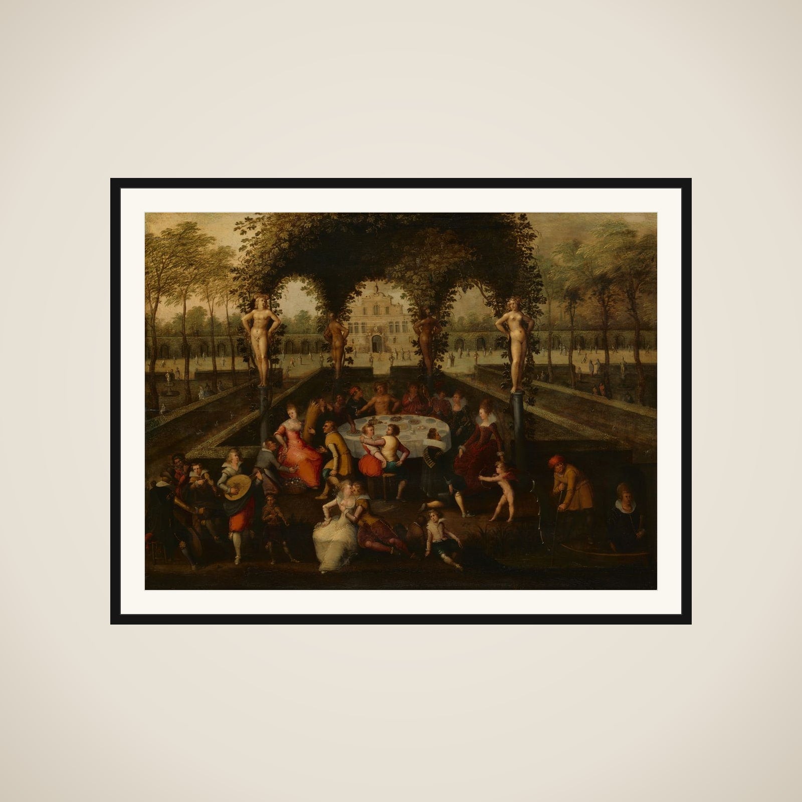 Venus, Bacchus and Ceres with Mortals in a Garden of Love framed